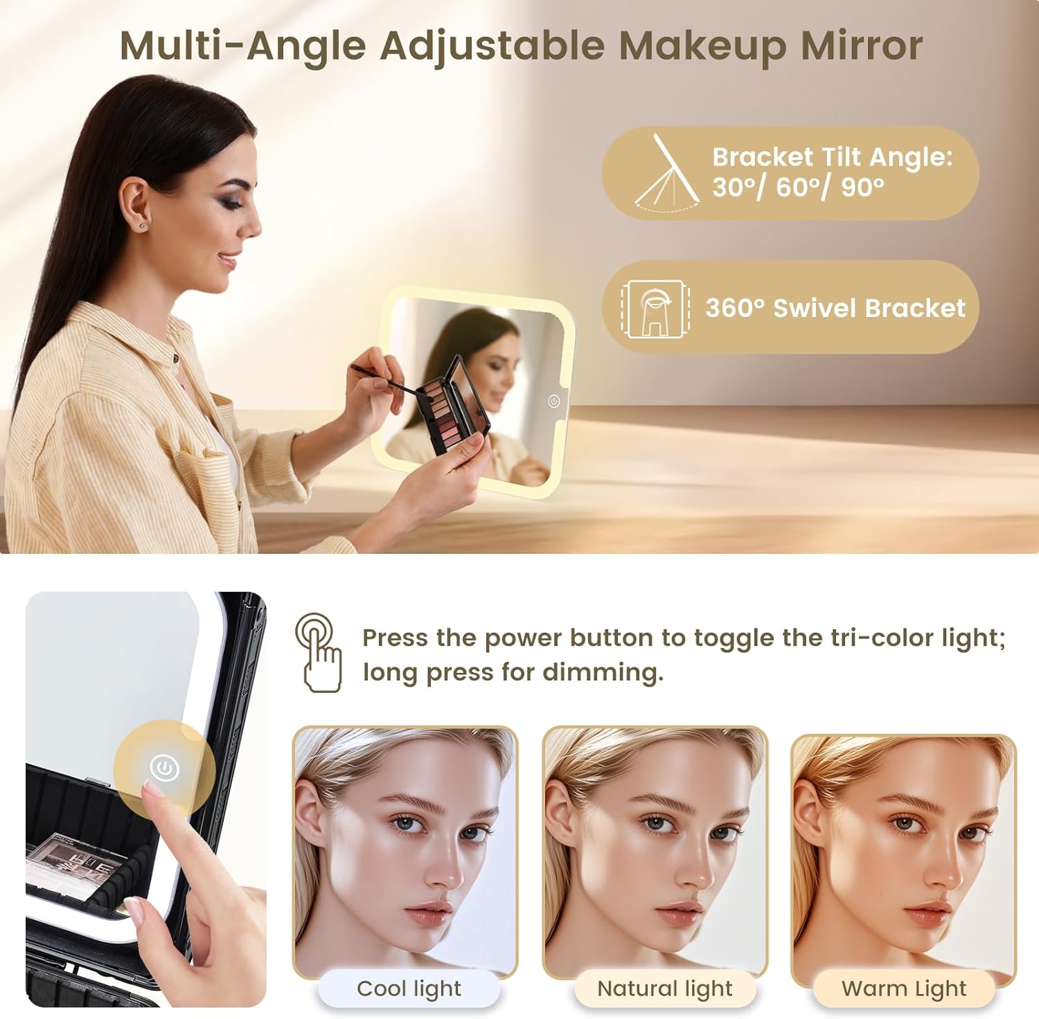 Faquenc Makeup Bag with LED Mirror – Hard Makeup Case with Lighted Mirror, Portable Makeup Organizer Box with 3-Color LED Light, Makeup Train Case with 6 Dividers, Makeup Travel Case for Women