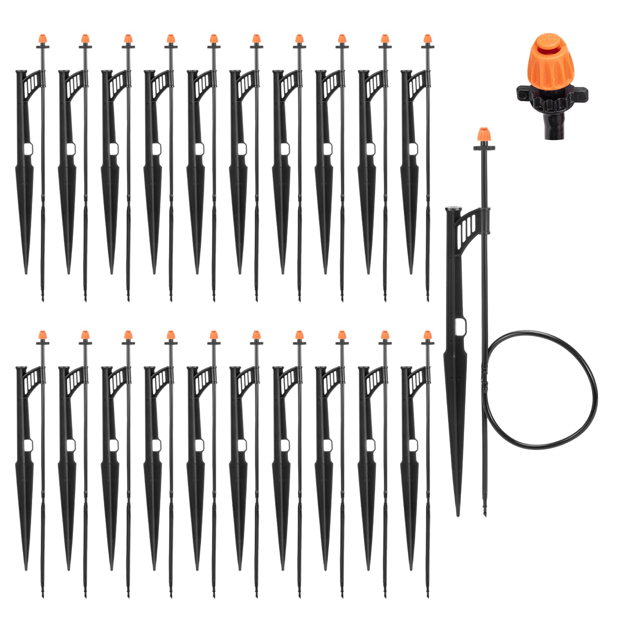 FULAIERGD 20 Sets 180 Degree Irrigation Sprinkler Heads with Stake Drip Micro Spray Emitters with 1/4" Irrigation Tubing on Riser Stake Micro Spray Sprinkler Stake Assembly for Garden Watering System