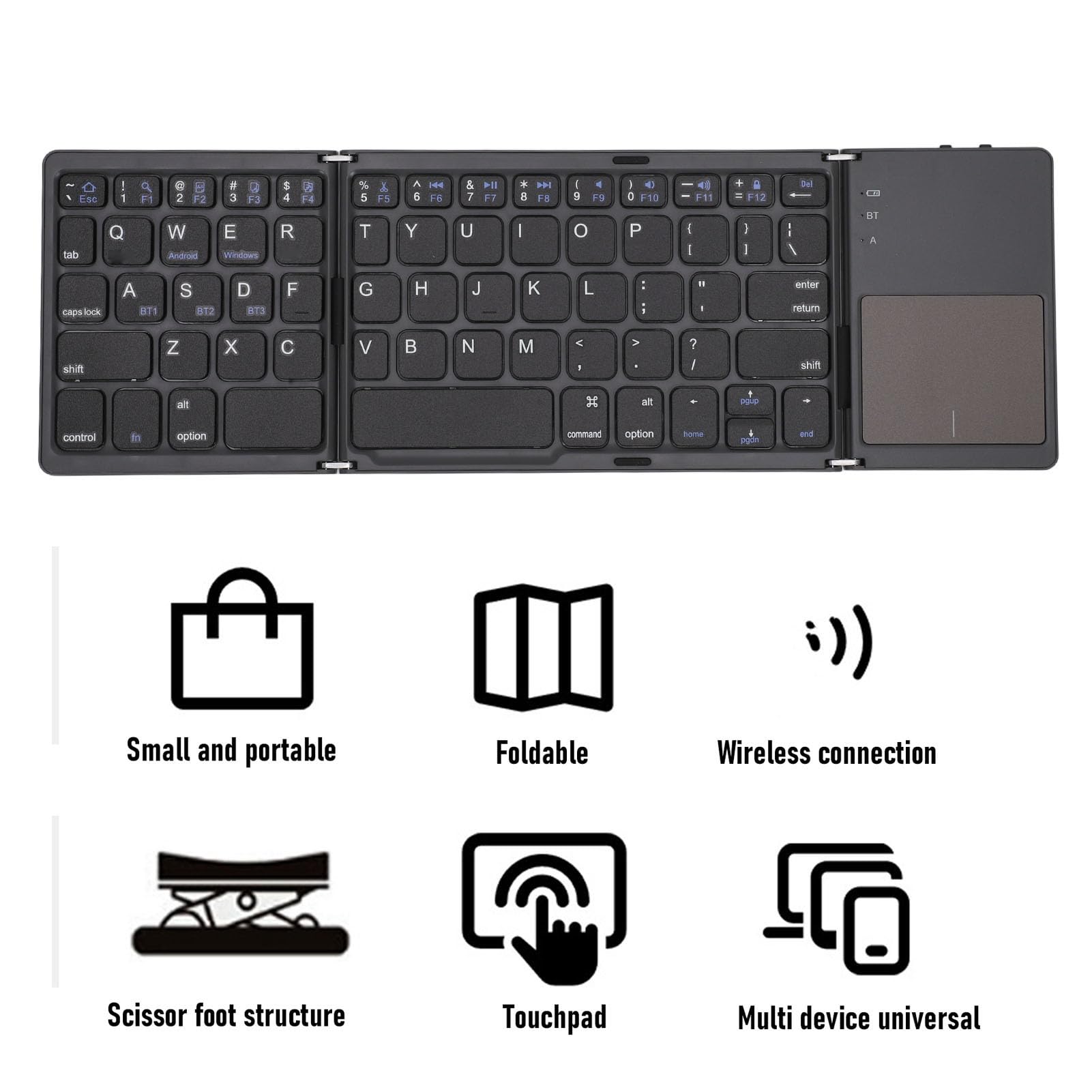 Jectse Tastiera Pieghevole, Tastiera Wireless Portatile Bluetooth 5.1 a 3 con Ampio Pannello Multitouch per Smartphone Tablet Laptop (GREY)