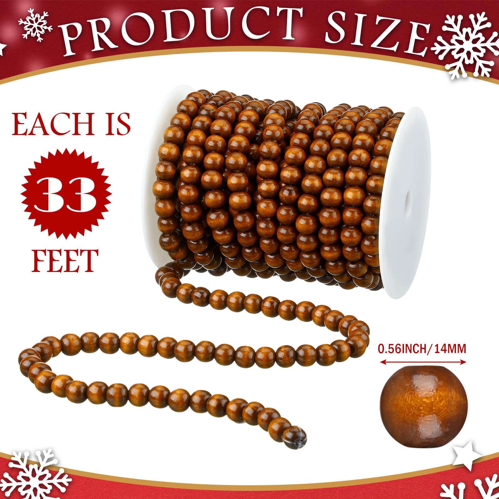 Giegxin Lot de 2 guirlandes de perles de Noël en bois marron de 20 m au total, décoration rustique pour sapin de Noël, plateau mural, guirlande de perles pour cadeaux de Noël
