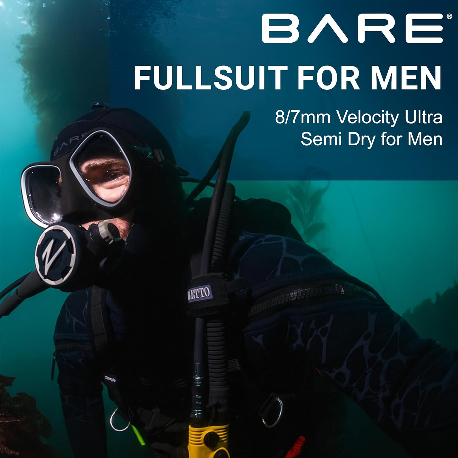 BARE 8/7MM Men's Velocity Ultra Full 2.0 Semi-Dry | Unique Omnired Material Woven into The Torso for Added Warmth | Full Stretch Neoprene | Black, L