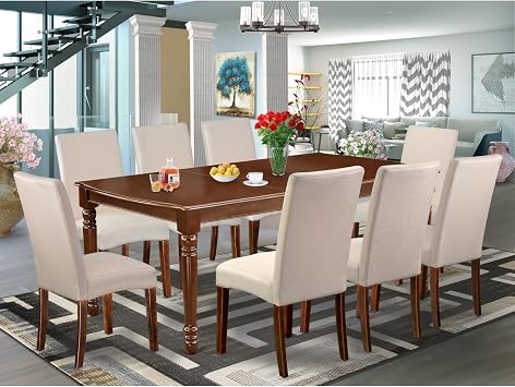 HomeStock Bohemian Dining Set - 9Pc Rectangle Table & 8 Chairs - 60/78 Inch Table with Leaf - Linen Fabric Cream