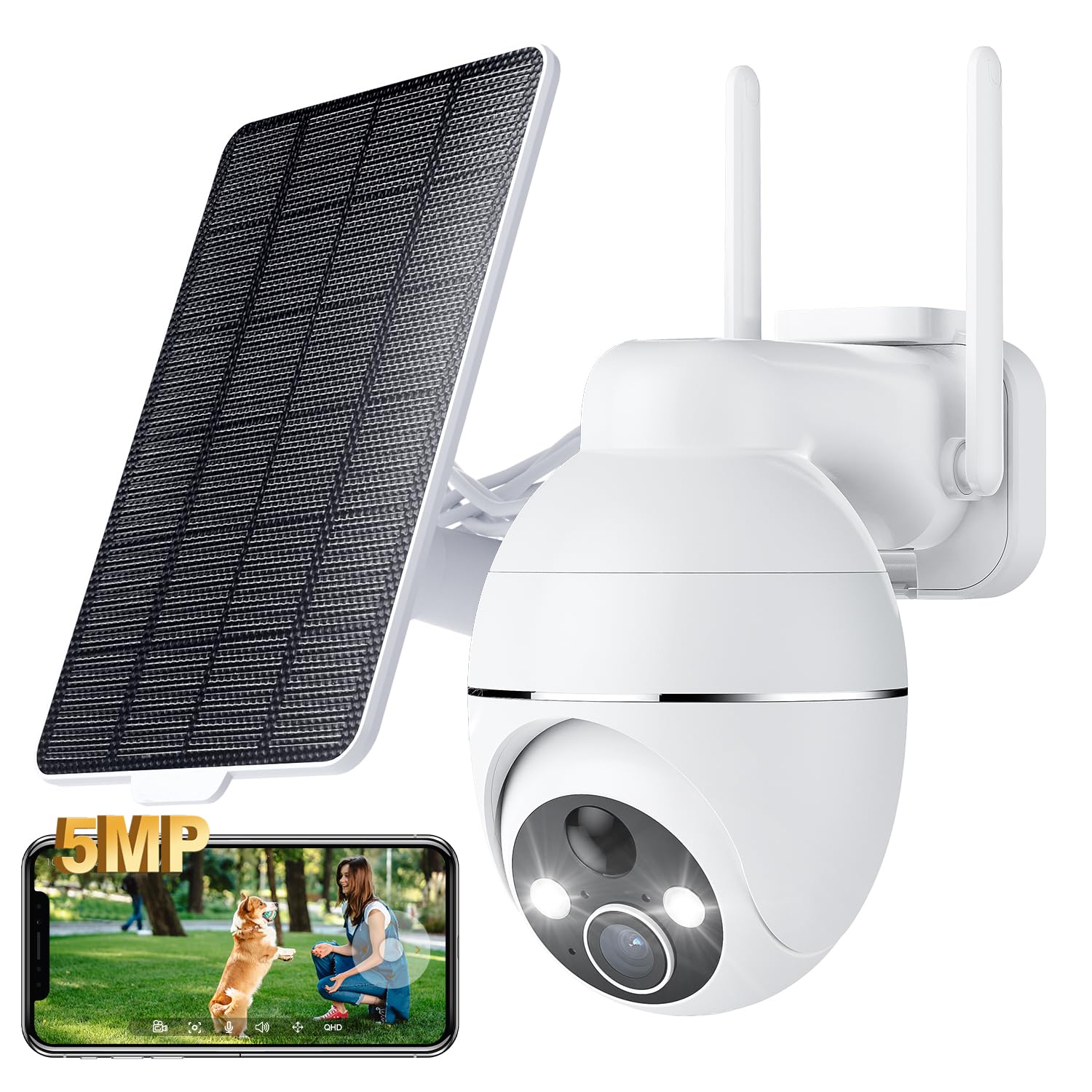 3K Telecamera Wi-Fi Esterno Senza Fili a Batteria, 360° PTZ Videocamera Sorveglianza con Pannello Solare, 2.4GHZ&Bluetooth, Visione Notturna a Colori, Allarmi PIR, Rilevazione di Movimento