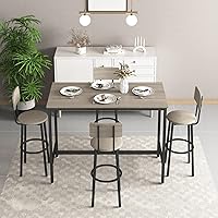 Vista 8 de Moderno juego de mesa y silla de bar para 4 mesas y taburetes de altura de mostrador con respaldo, mesa de comedor rectangular, juego de 5