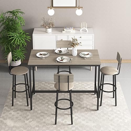 Miniatura 8 de Moderno juego de mesa y silla de bar para 4 mesas y taburetes de altura de mostrador con respaldo, mesa de comedor rectangular, juego de 5 con