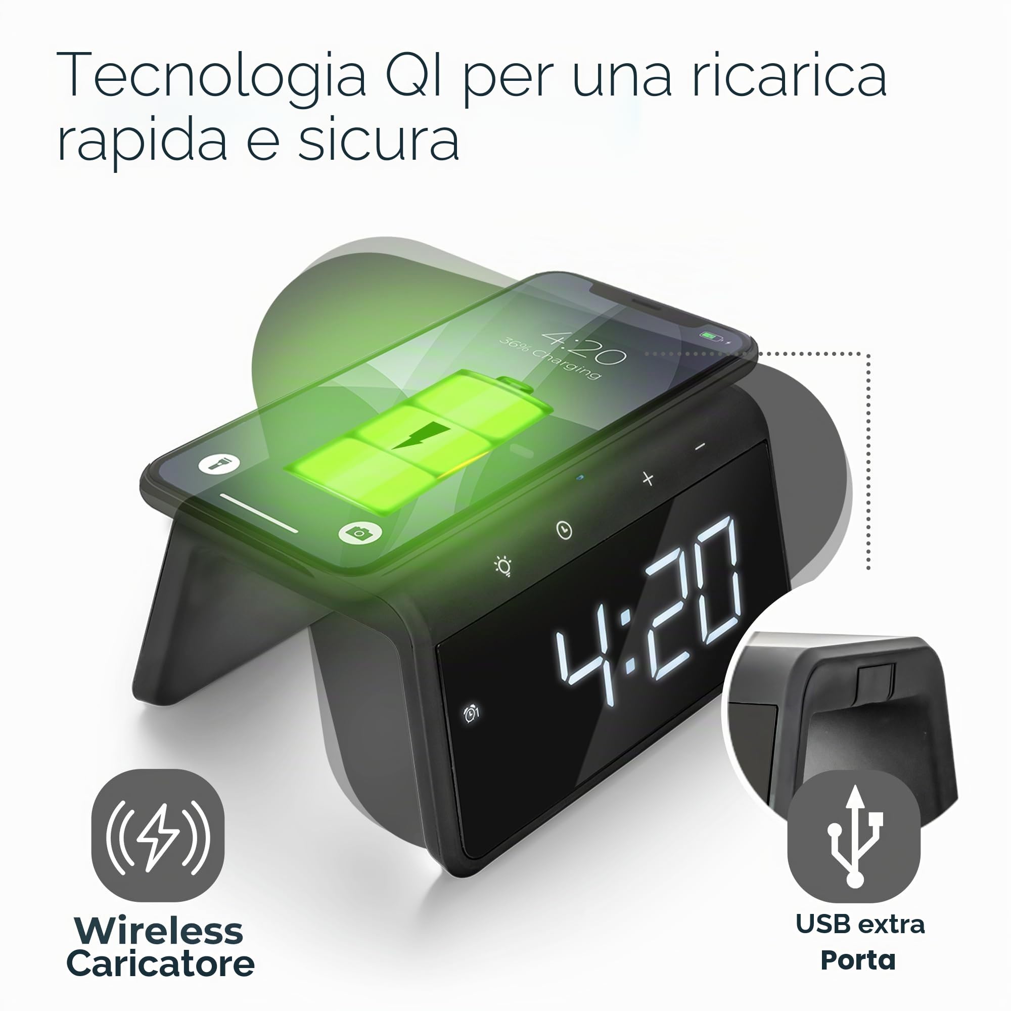 Caliber Sveglia Digitale con Luce, Display dimmerabile, Doppio Allarme e Stazione di Ricarica Rapida, per Bambini e Chi Dorme Profondo, Allarme Forte, Orologio Digitale