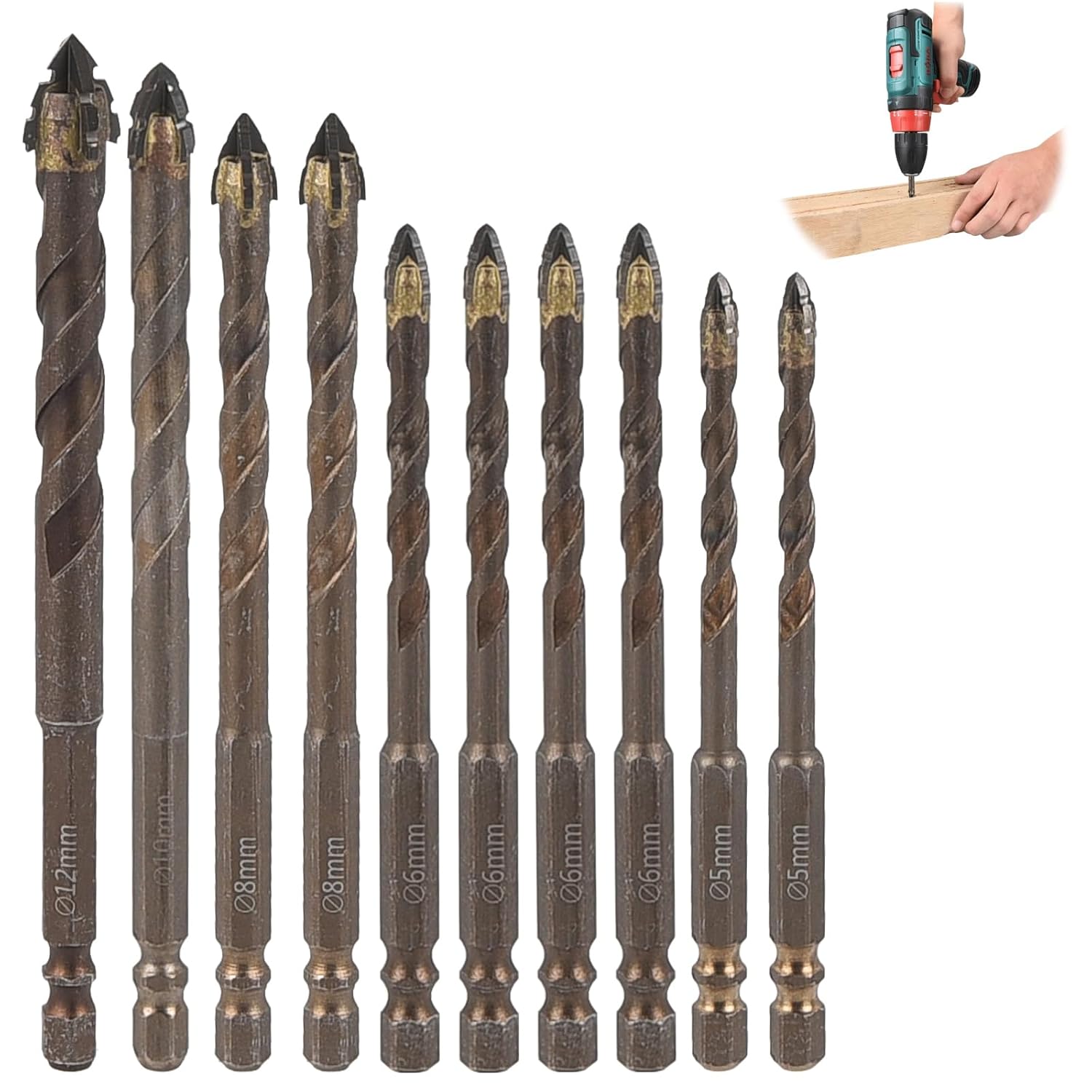 10Pcs High Strength Four Edged Serrated Eccentric Drill Bit Set, Hex Shank Four-Flute Sawtooth Eccentric Twist Drill Bits for Concrete Masonry Wood Stone Brick Glass Tile (5+5+6+6+6+6+8+8+10+12mm)