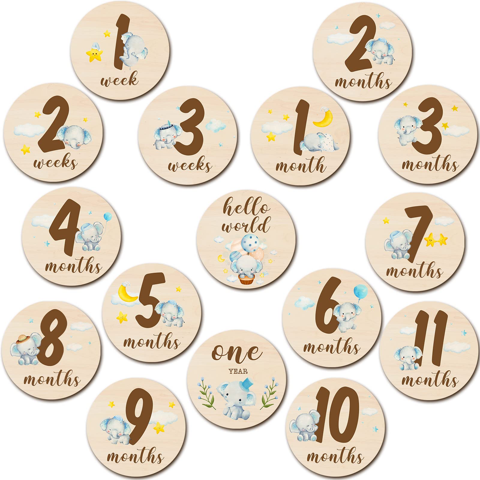 16 Pieces Wooden Baby Monthly Milestone Cards Elephant Baby Monthly Milestone Marker Discs Double Sided Animal Wooden Circles Baby Months Signs for Baby Shower Newborn Photo Props-image-3