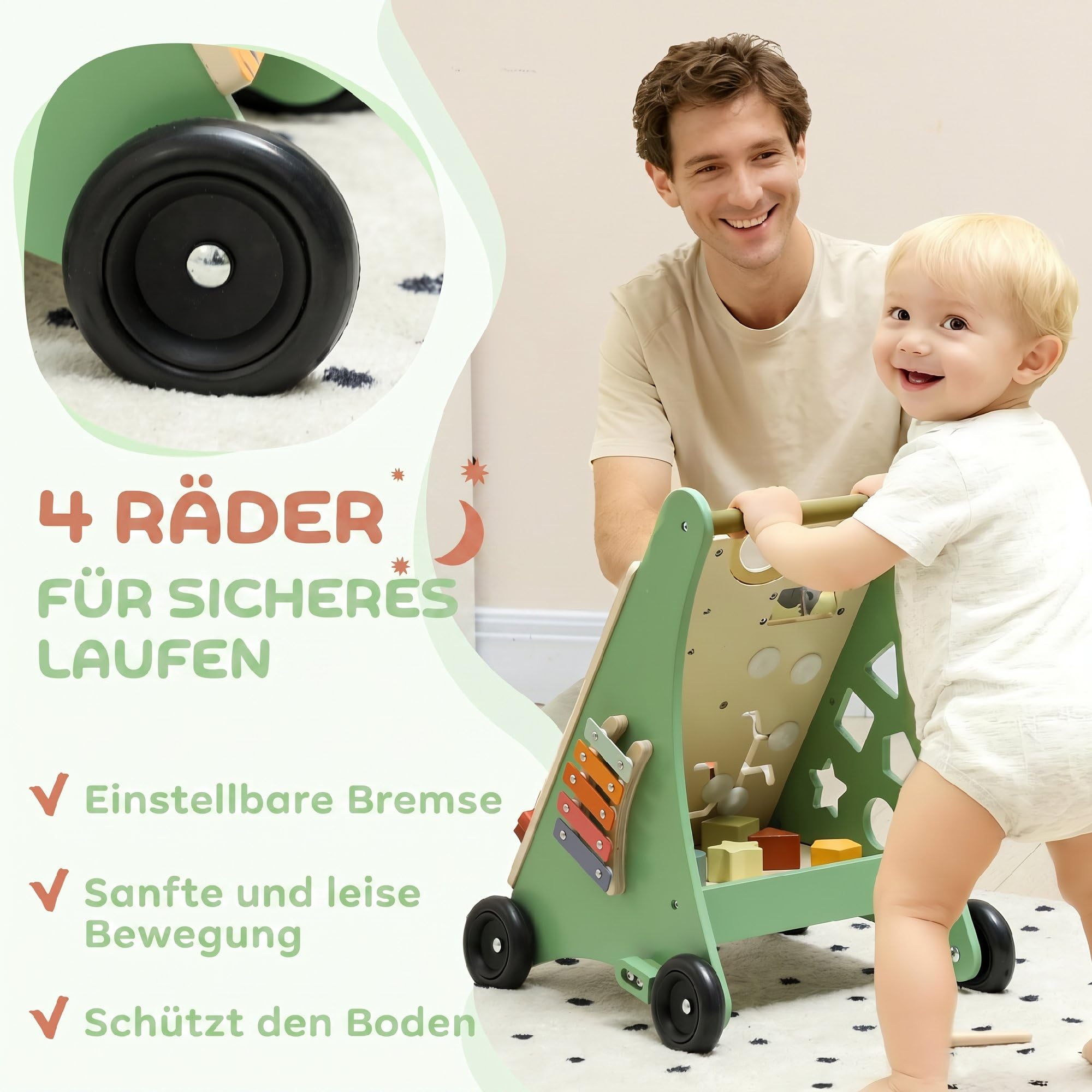 AIYAPLAY Lauflernwagen Holz Montessori Lauflernhilfe Xylophon Grün