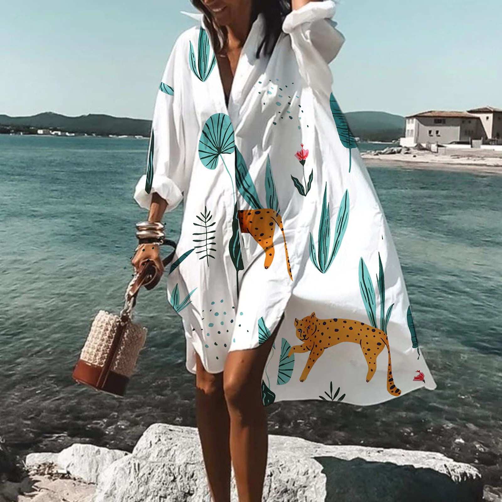 Générique Robe de Chemise de Bouton Plage pour Femmes Bohème Manches Longues Oriental Tunique d'été Gaze Coton,S-2XL