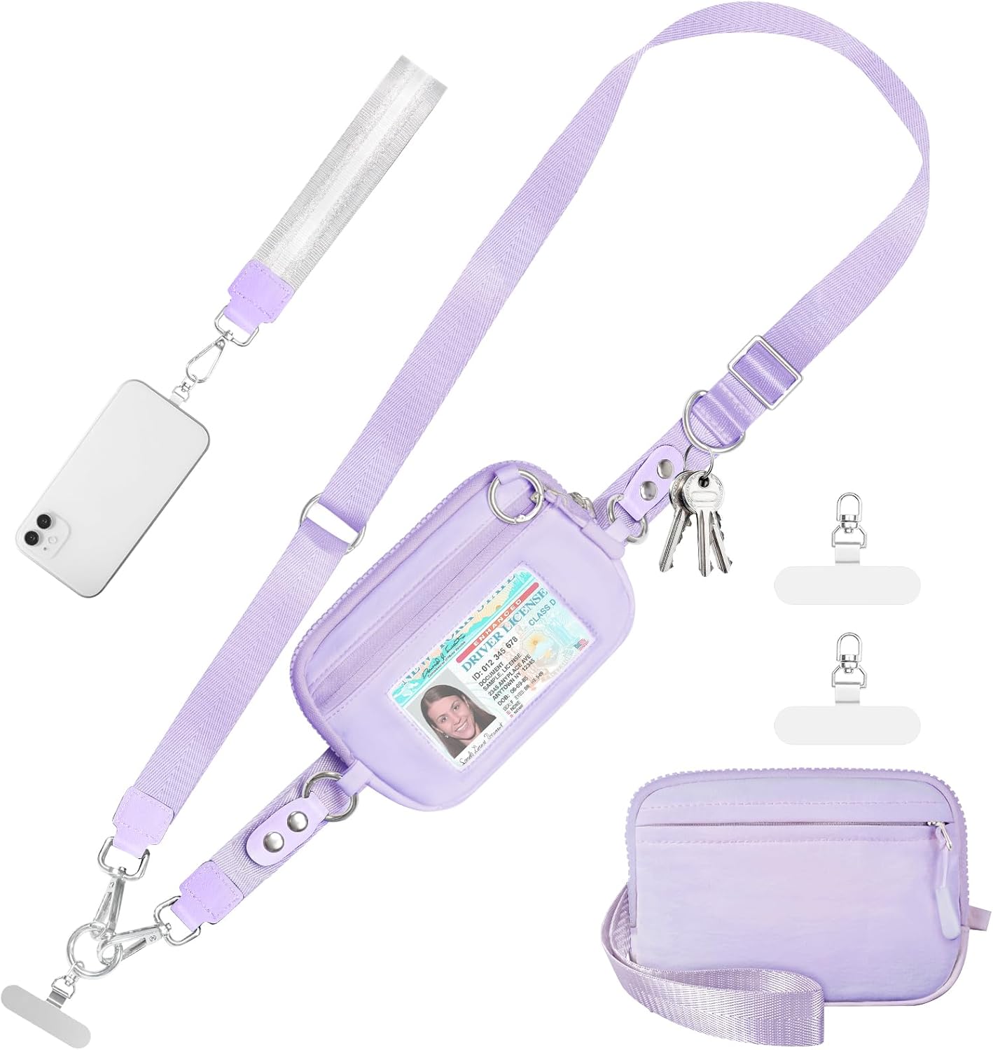 A purple crossbody bag shown three ways
