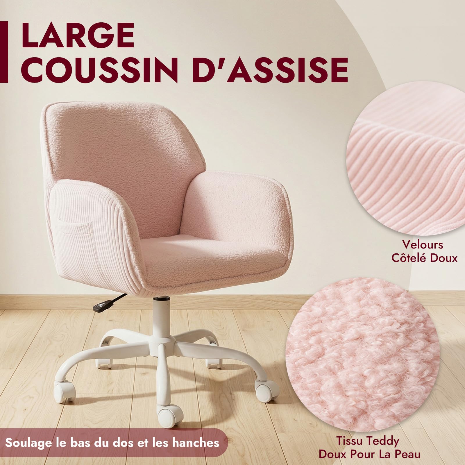 Chaise de Bureau Ergonomique Accoudoirs, Étude, Chambre, Rose