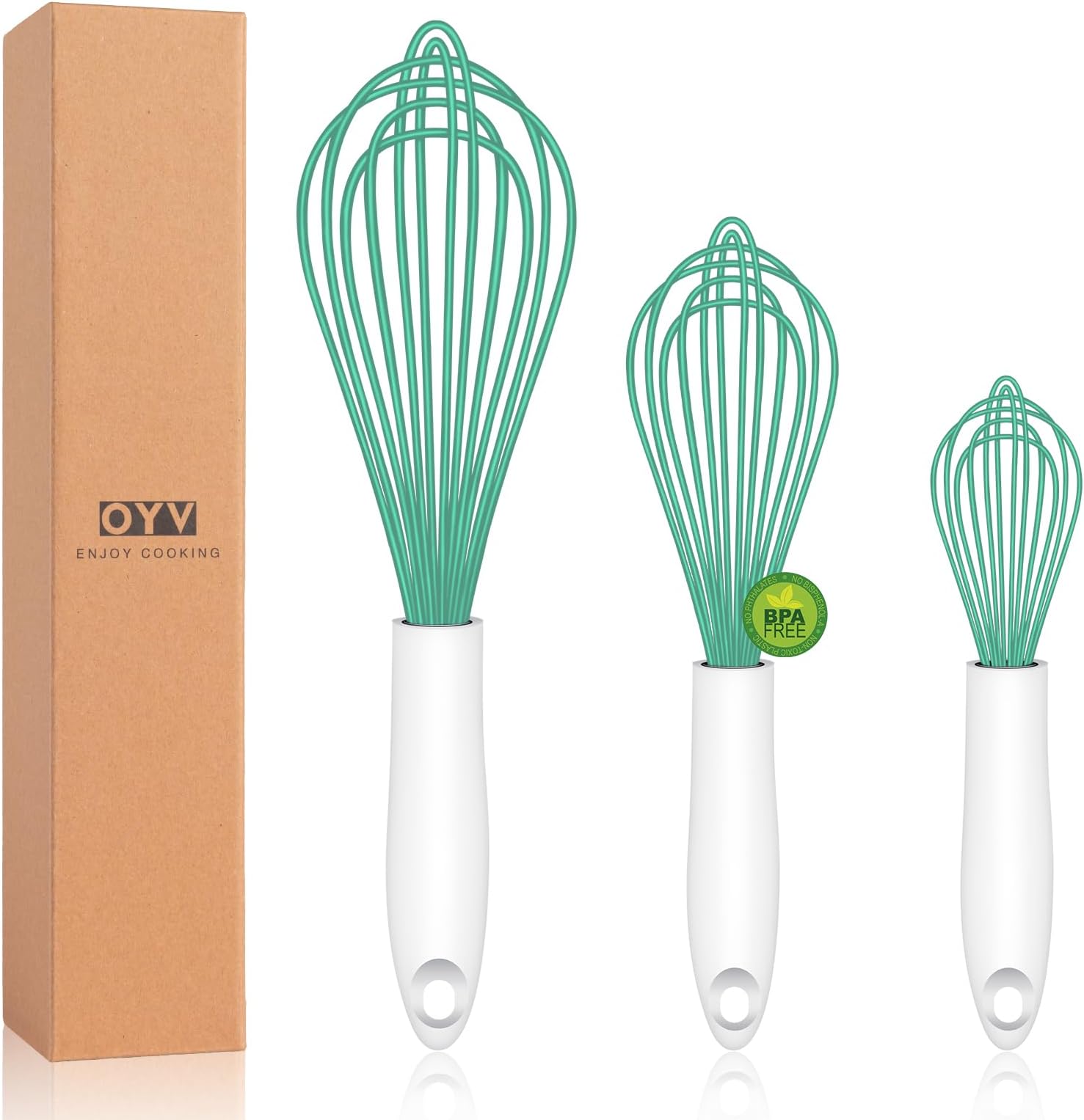 OYV Teal Silicone Whisk, Sealed Waterproof Design Set of 3, Professional Kitchen Whisks for Cooking Non-Scratch, Silicone&Stainless Steel Whisk, Heat Resistant 480°F Rubber wisk, BPA free
