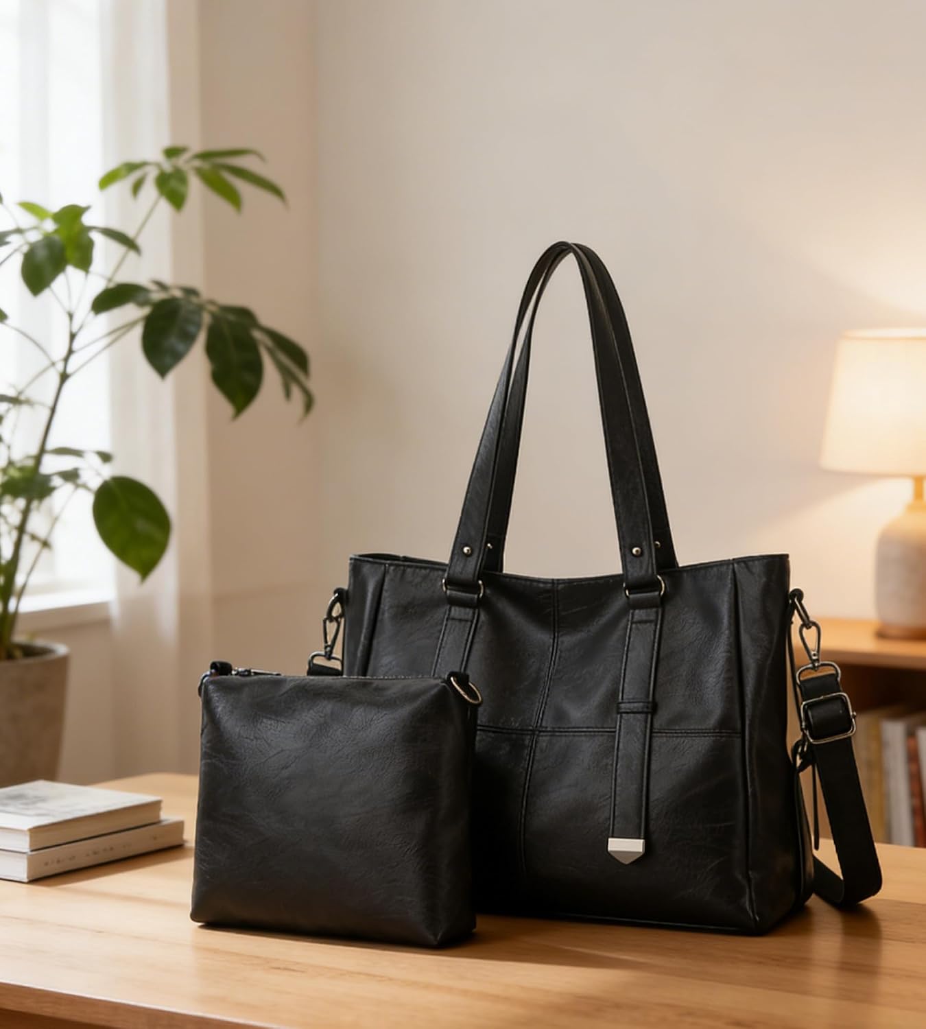 myfriday 2Pcs Soft Tote Handbags for Women Set, Vegan Leather Slouchy Shoulder Handbag Top Handle Satchel Purse