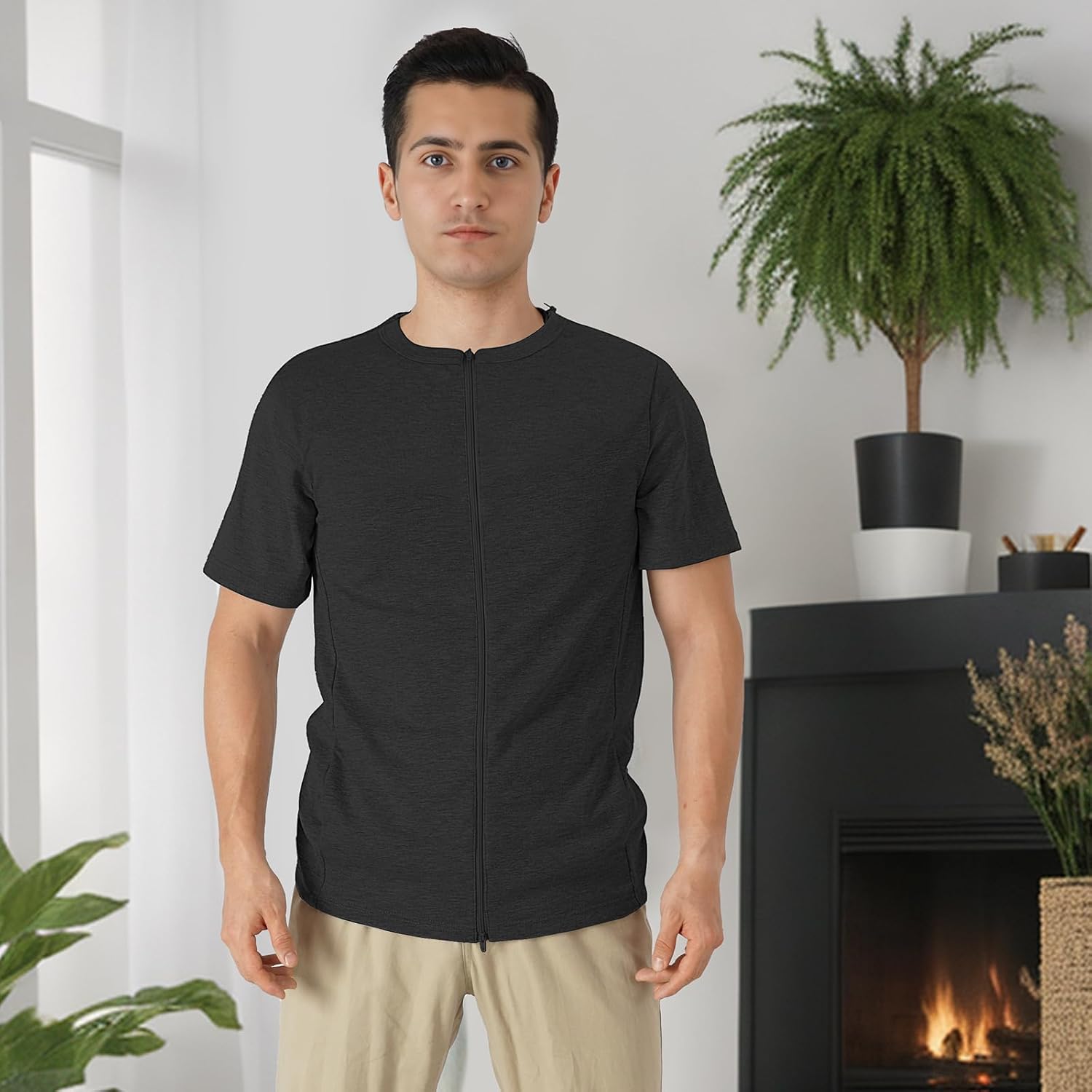 Men's Shoulder Surgery Shirt with One-Hand Zip for Chemo Port Access & Rotator Cuff Recovery & Puppy Flap Short Sleeve
