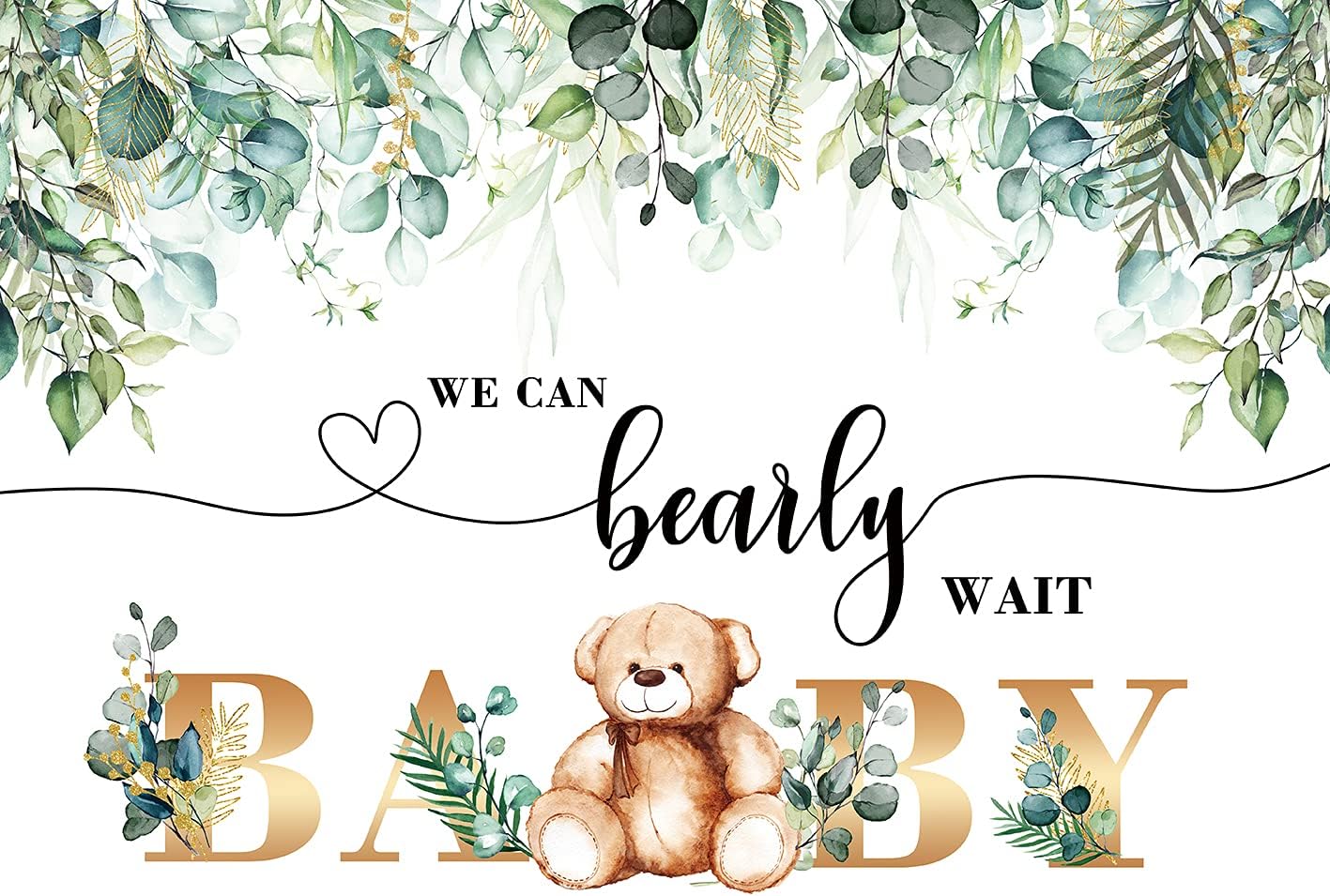 WANGRJ We Can Bearly Wait Bear Backdrop Green Watercolor Leaves Golden Baby Bear Lovely Photography Background Baby Shower birthday party Cake Table Decoration Photo Booth 7x5FT - Image 3