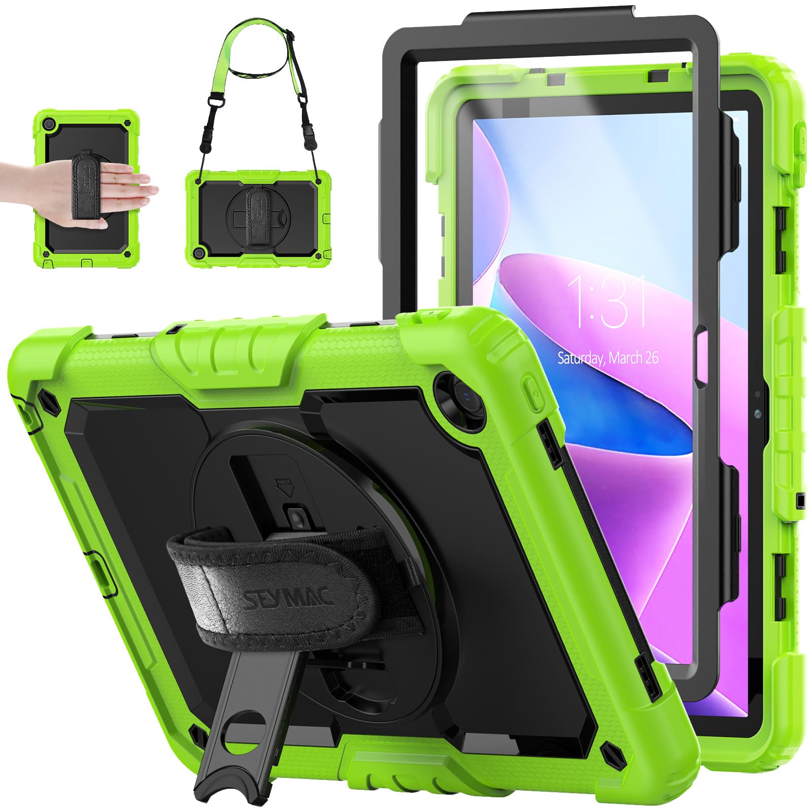 SEYMAC Hülle für Tab M10 Plus 3rd Gen 10,6 Zoll 2022, Stoßfeste Schutzhülle Mit Displayschutzfolie, 360° Drehbarer Ständer, Handschlaufe Und Schultergurt für Lenovo M10 Plus (TB-125F/128F), Grün