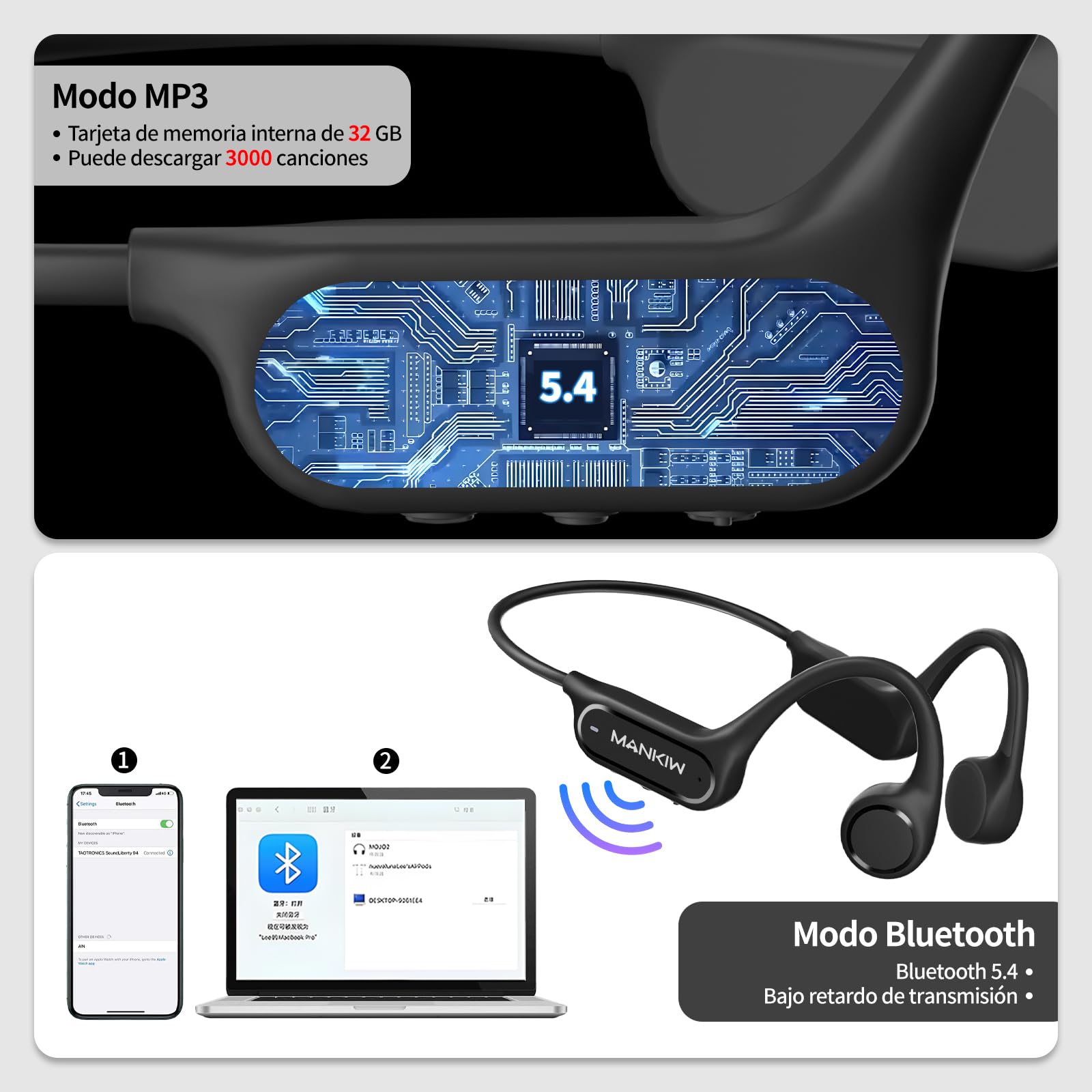 MANKIW Auriculares Conducción Osea Natacion - IP68 Resistente al Agua Auriculares para Nadar,Open-Ear Auriculares Inalámbricos Deportivos con Bluetooth 5.4 y 32G Mp3 para Correr,Natacion y Ejercicio