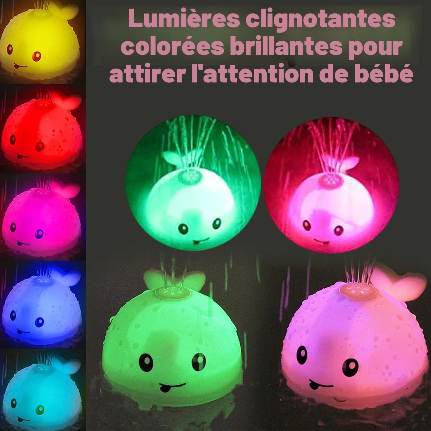 Jouet de bain pour bébé, baleine à jet avec LED - pour enfants et tout-petits (blanc)