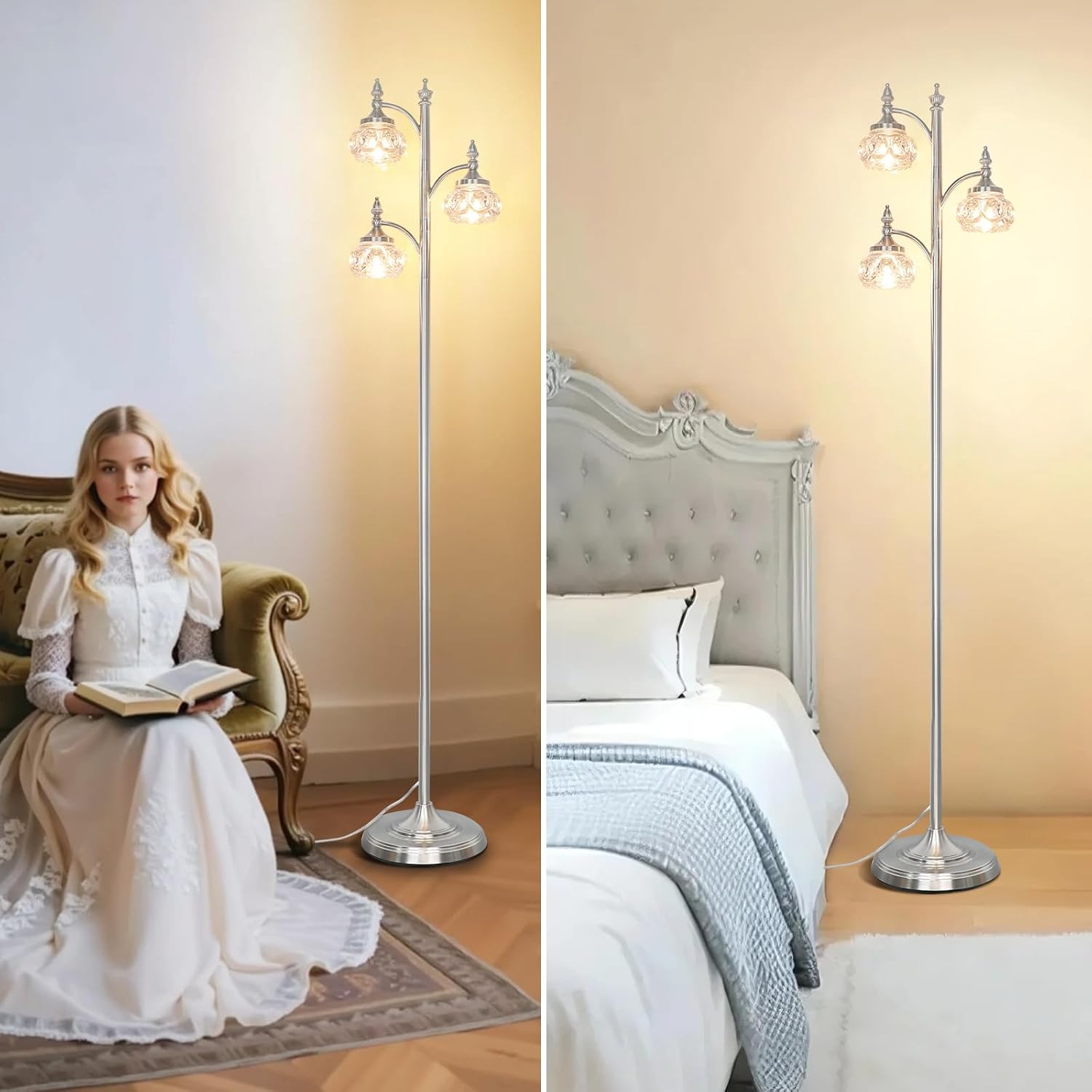 JUNNAI Brushed Nickel Floor Lamp 66.5'' Tall Standing Lamp Dimmable Tree Floor Lamps with 3 LED Lights Glass Shades Silver Lamp for Living Room Bedroom Office(3 Bulbs Included)