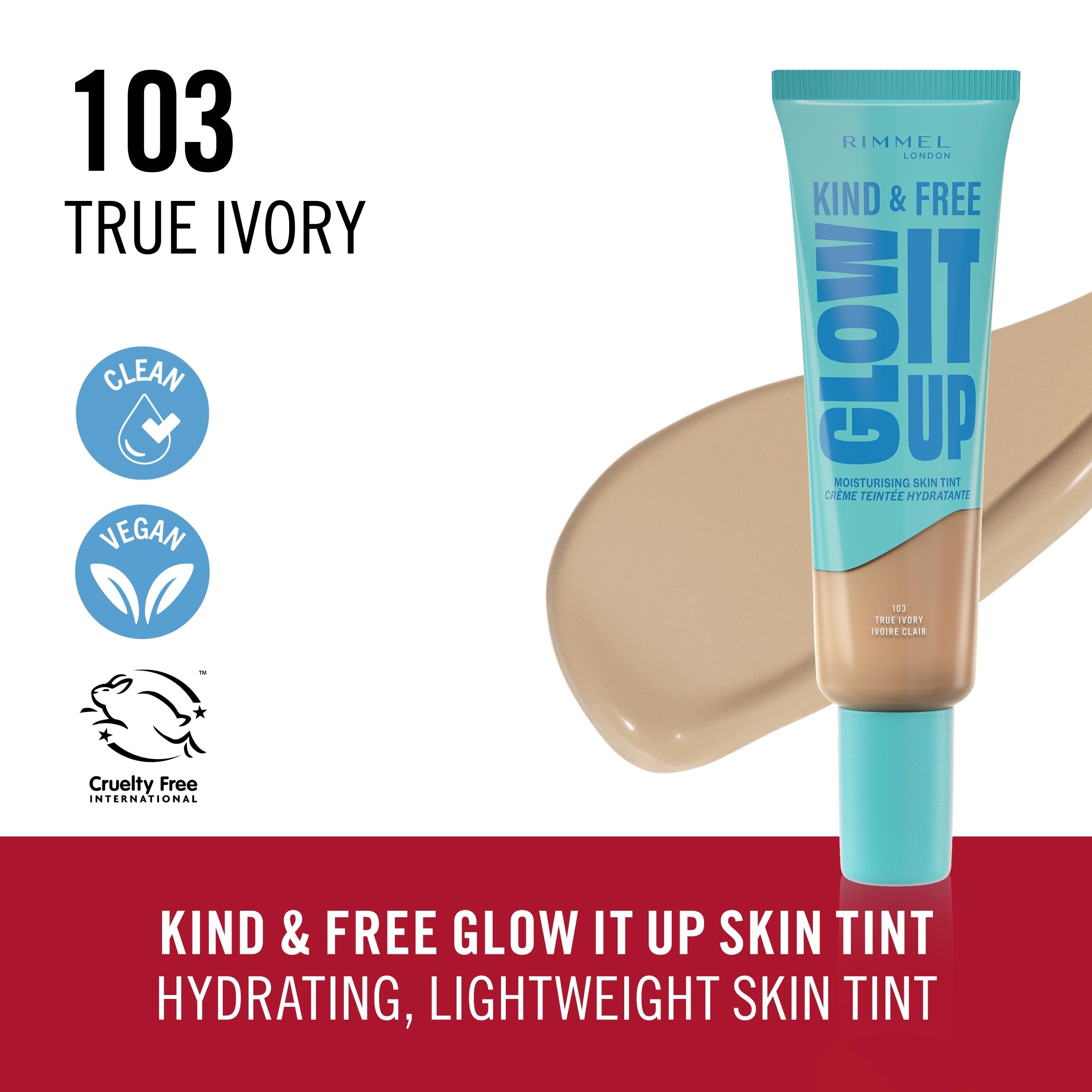 Rimmel Kind & Free, Glow It Up Moisturising Skin Tint, 103, True Ivory, Healthy Glow, Blurs Imperfections, Includes Vitamin E - Image 2