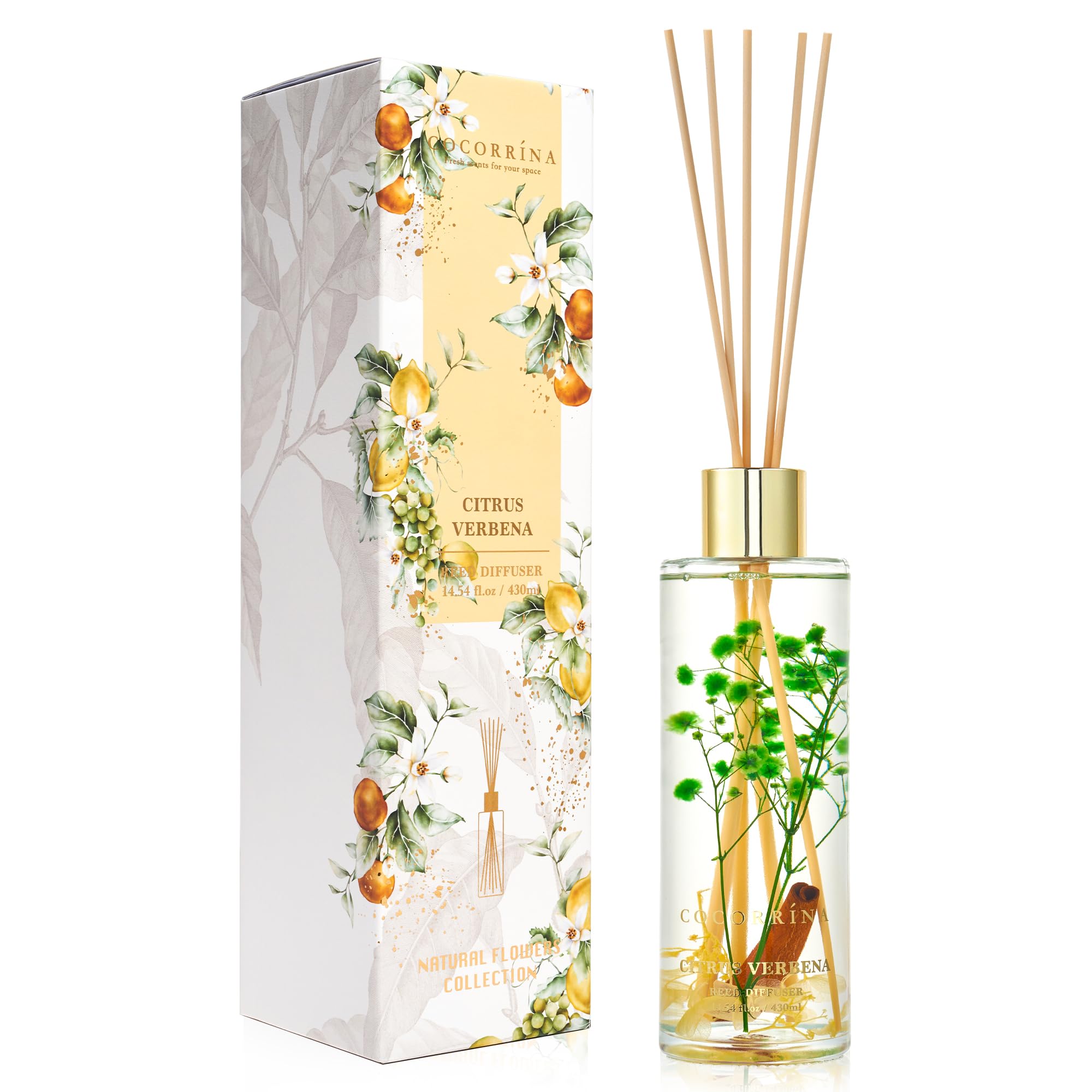 COCORRÍNA Diffusore Profumo Ambiente, Verbena degli Agrumi 430ml con 8 Bastoncini per la Profumazione della Casa per Il Bagno e la Camera da Letto
