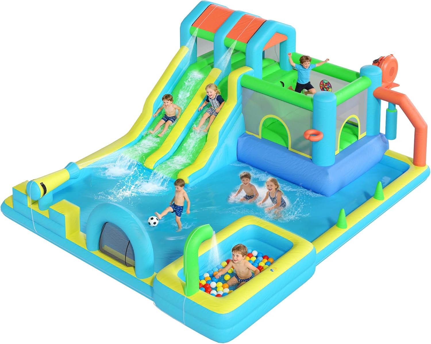 Inflatable Bounce House for Kids, Inflatable Double Water Slide with Blower, Climbing Wall, Water Gun, Jumping, Splash Pool, Basketball Hoop for Indoor Outdoor Backyard