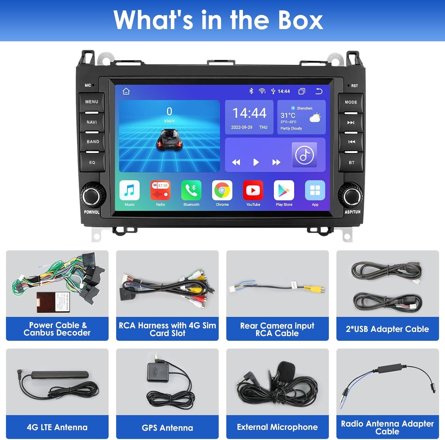 Diagram showing a car backing up in a parking lot with a rearview camera providing a wide-angle view on the car stereo screen, highlighting the area behind the vehicle.
