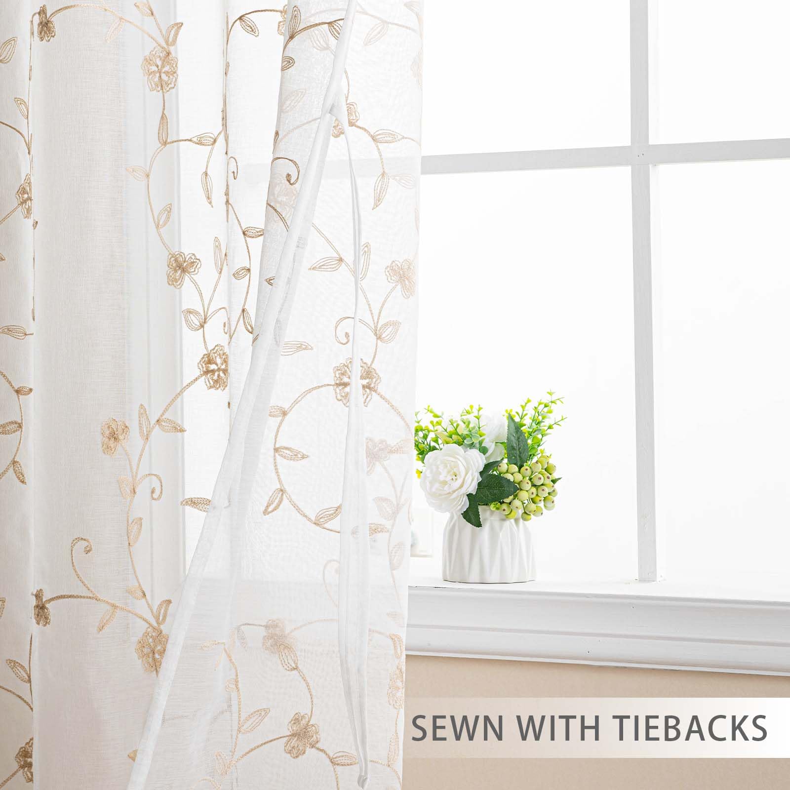 DWCN Embroidery Sheer Curtains Decoration Flora Design Grommet Window Curtain Semi Voile Drapes with Eyelets Window Treatments for Living Room Bedroom 2 Panels 52" W x 96" L Beige - Image 3