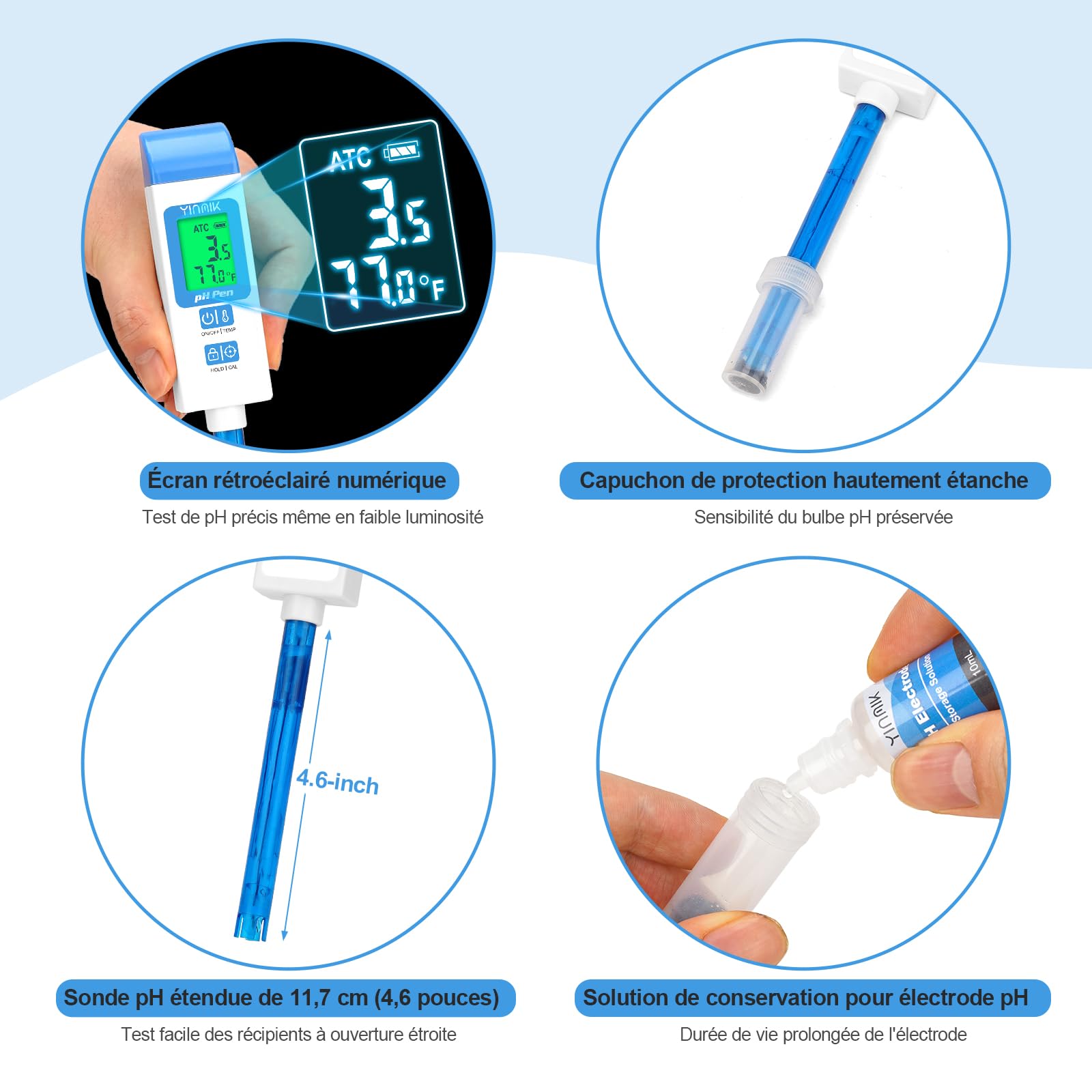 YINMIK Testeur de pH pour la Qualité de l'eau, Testeur de pH Numérique | pH-mètre Kit de Test Professionnel de pH et de Température, Convient Aux Aliments en Conserve et à Diverses Solutions