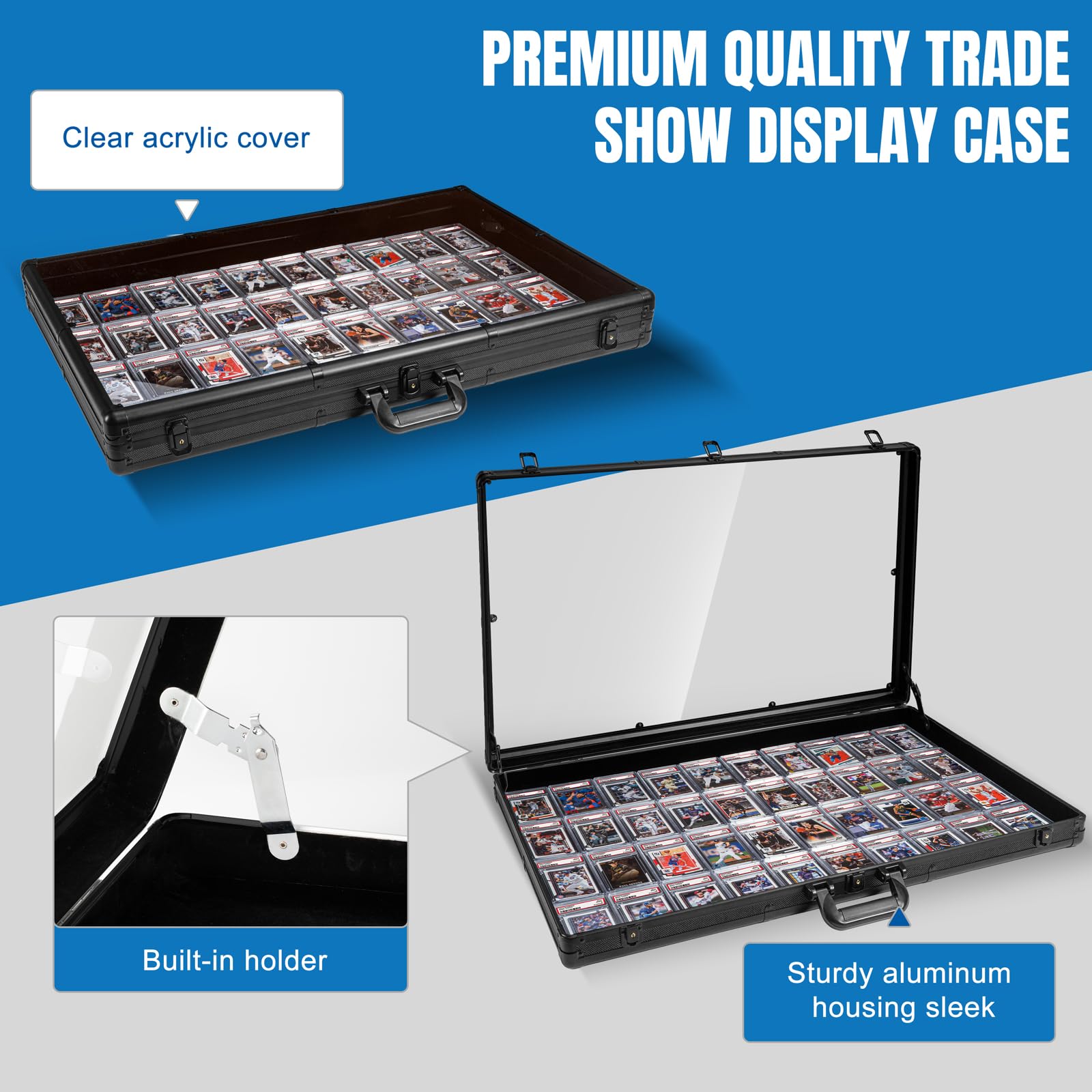Amazon.com: Large Black Cards Trade Show Display Case, Portable Aluminum  Trading and Graded Card Display Frame with Locks, Table Top Aluminum Holder  with Clear Acrylic Showcase for Jewelry Craft Collector Shows :