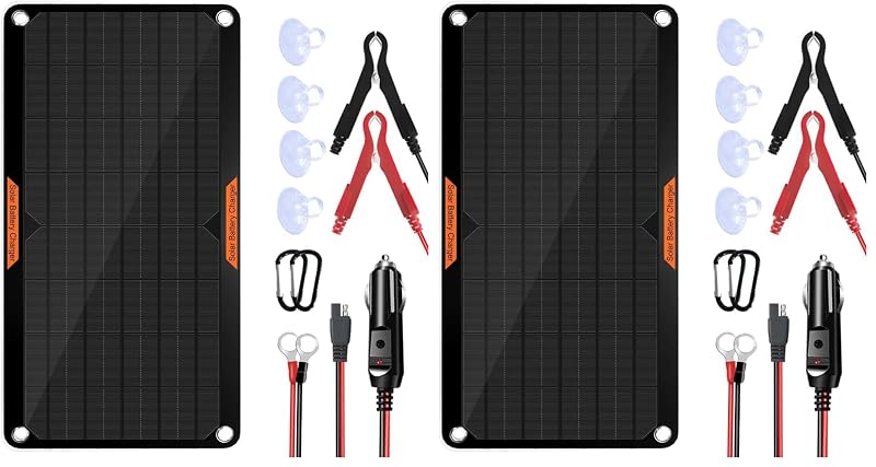 Carregador e mantenedor solar de bateria OYMSAE 10 W 12 V com plugue para tomada de 12 V e garras jacaré, preto, pacote com 2
