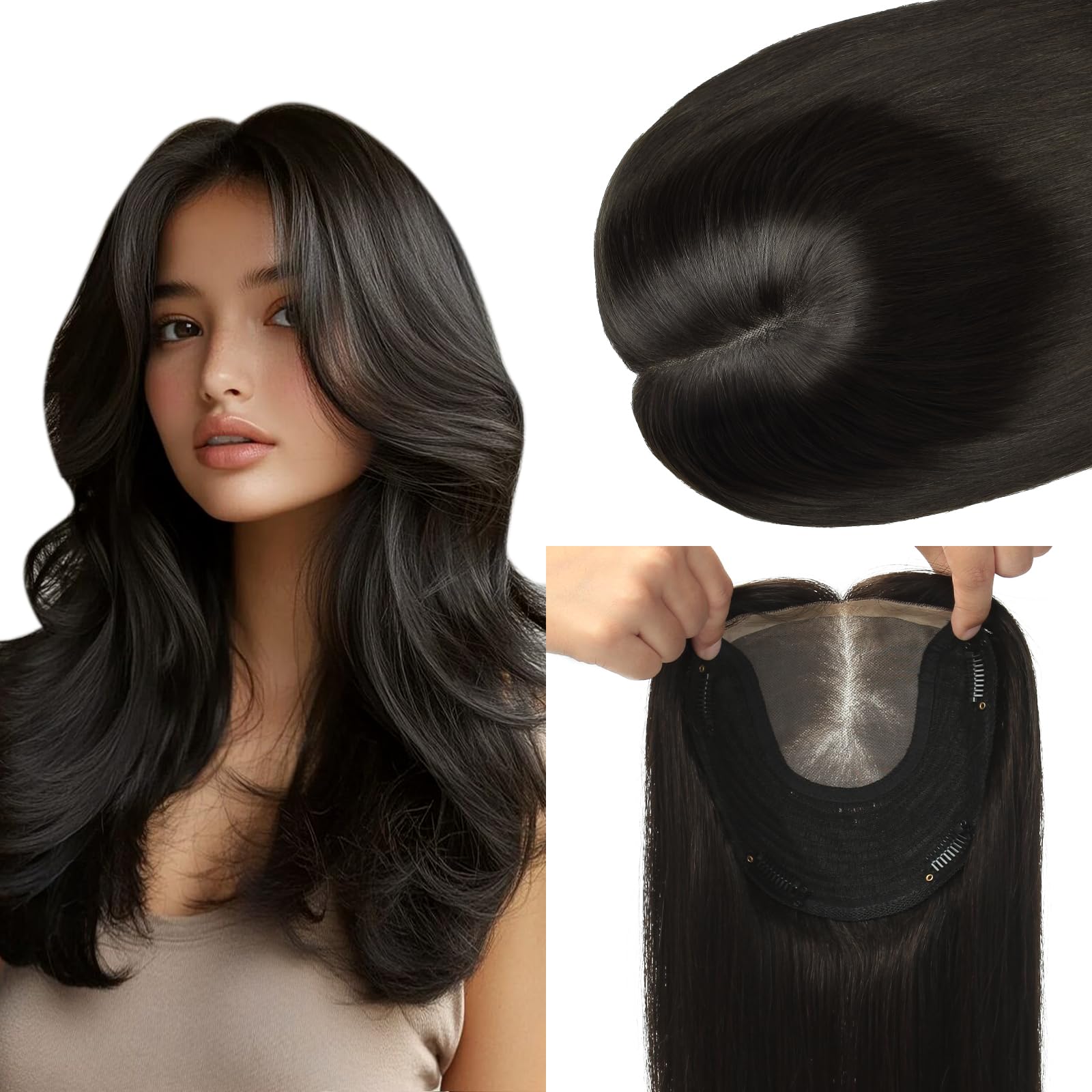 Hair Toppers for Women Real Human Hair 14 Inch 65g #1B Natural Black #1B Natural Black 14 Inch 65g 6×7 Inch Base