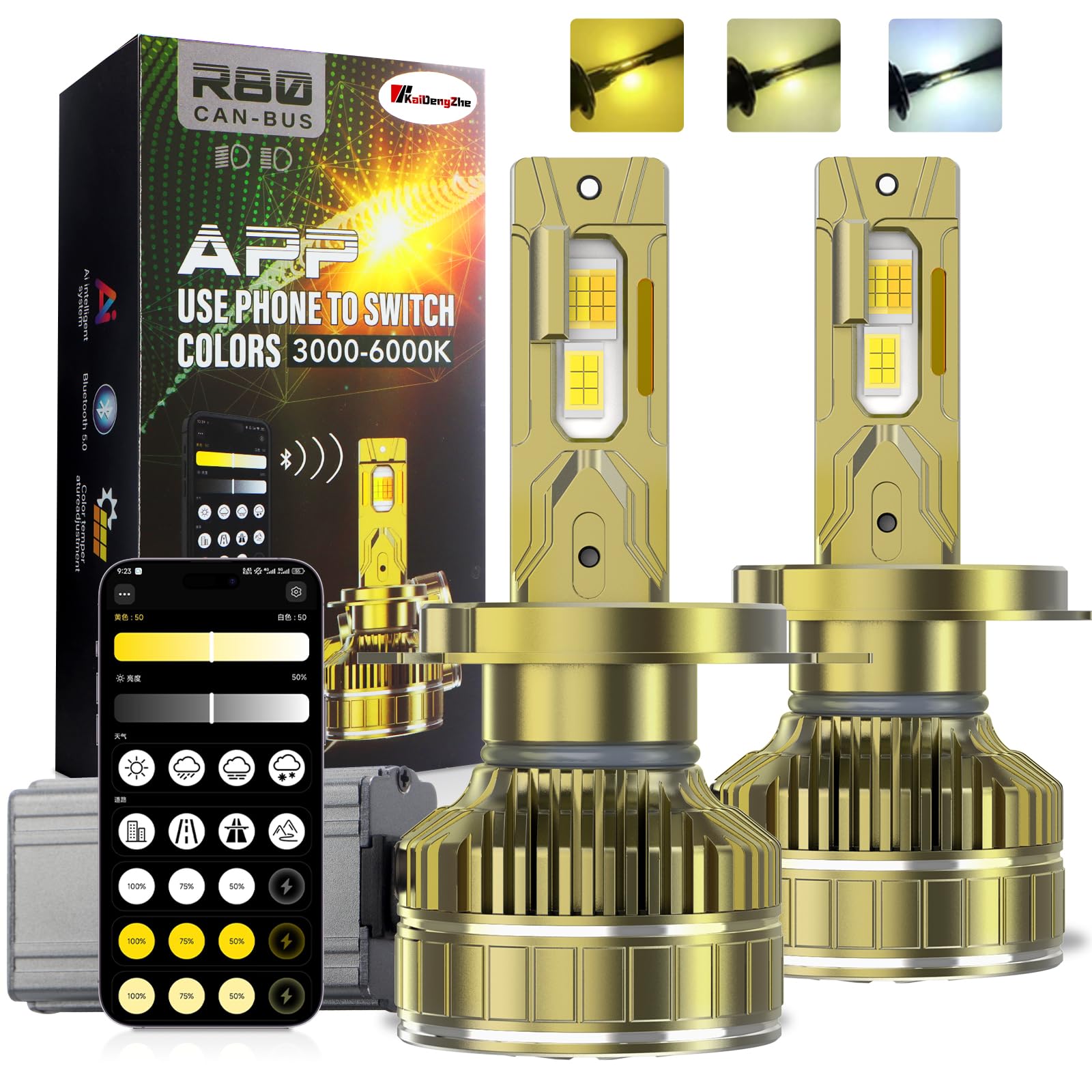 H4 Bombilla LED para Faro, 2 PZ Canbus Sin Errores H4 9003 Bombilla para Faros APP Atenuación Inteligente Temperatura 3000-6000K 170W 800% de Brillo Kit de Conversión de Reemplazo Halógeno