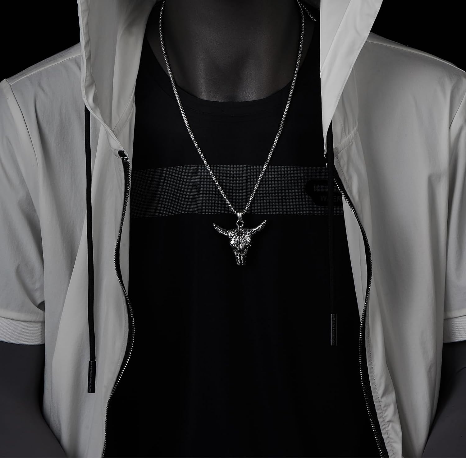 Bull Skull Necklace, Western Cowboy Pendant with Horn Engraving and Ox Head, Rustic Steel Jewelry