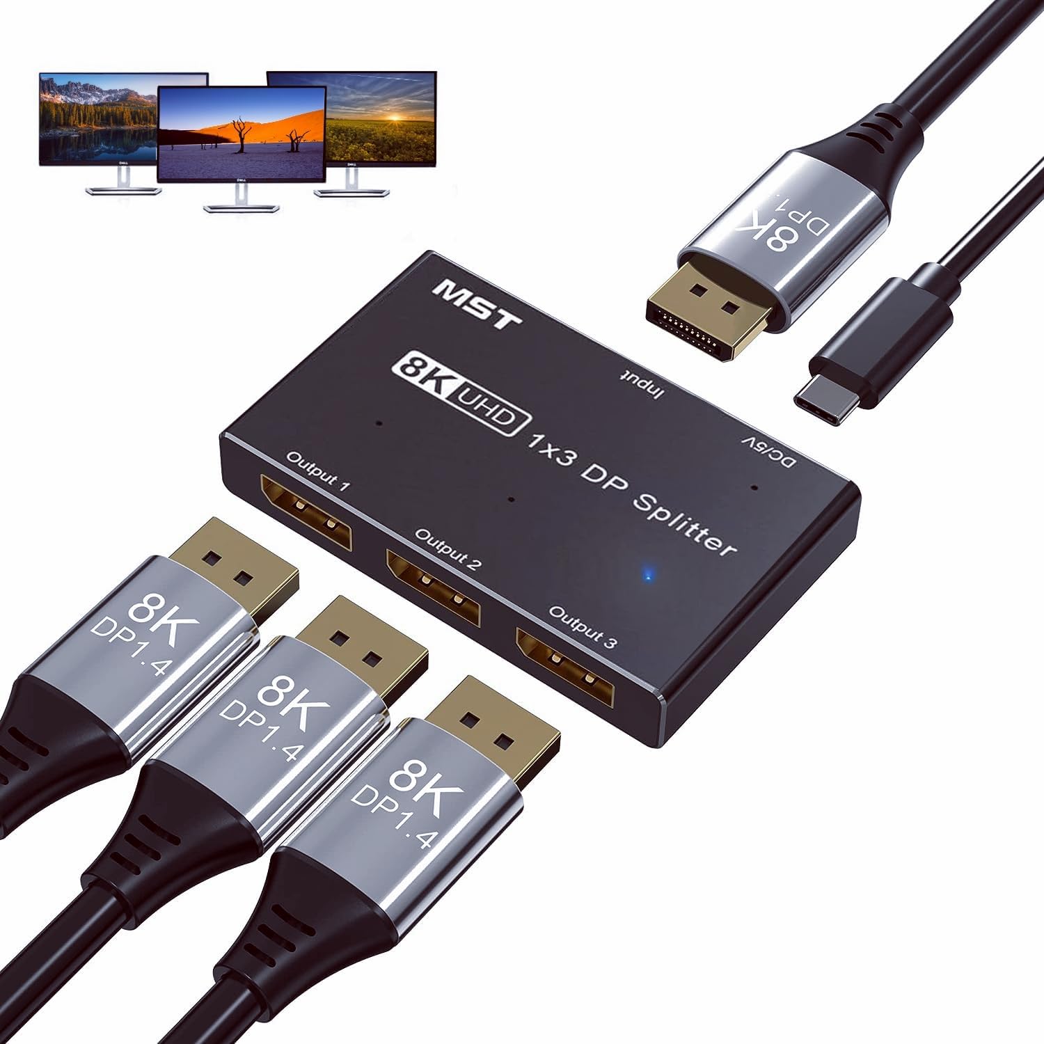 Displayport DP 1.4 8K@30Hz 4K@144Hz Splitter Switch, 1 in 3 Output Displayport Switch, Compatible with Multiple Video Sources and Monitor Interfaces