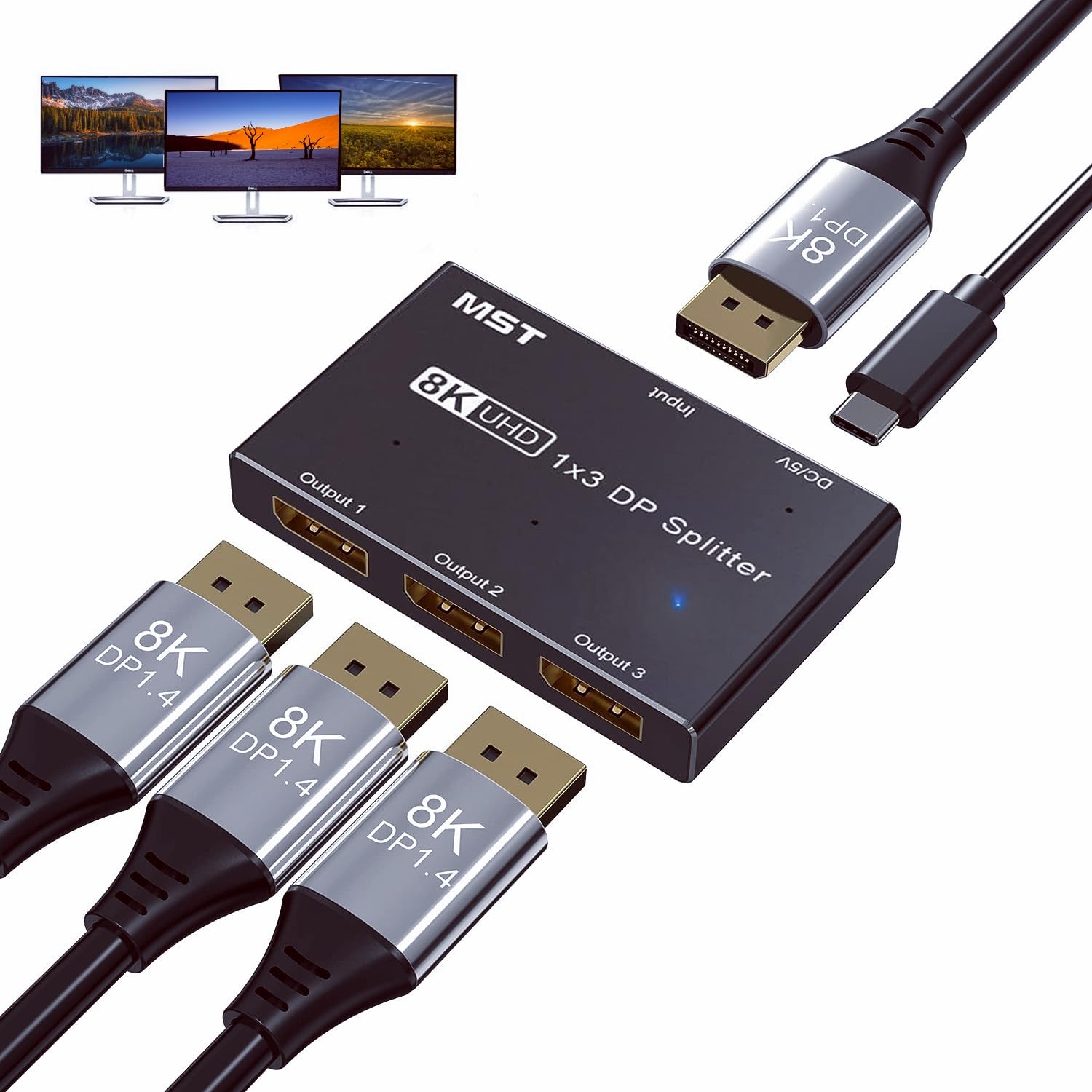 Displayport DP 1.4 splitter switch 8K@30Hz 4K@144Hz, 1 In 3 Out displayport Switch, Compatible with Various Interfaces of Video Sources and Displays