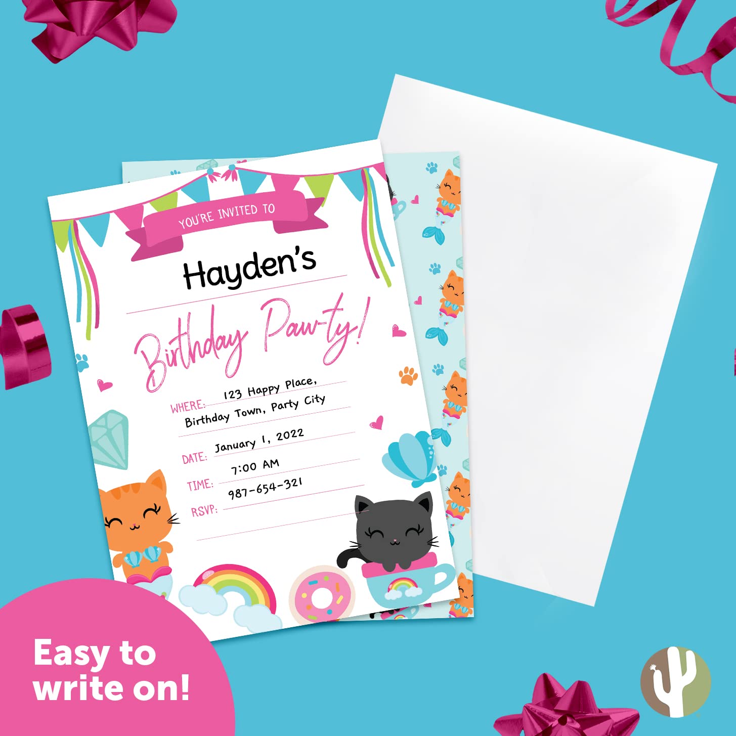 Einladungskarten zum Geburtstag, Katzen-Design, mit Umschlägen, 10 Stück