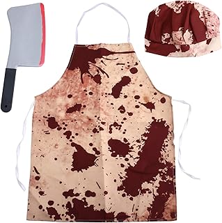 Halloween Bloody Butcher Costumes Set- Waterproof Bloody Apron with Chef Hat Sanguinary Butcher Knife, Terrifying Role Play for Men Halloween Costume Party Carnival Prop Accessories (Yellow)