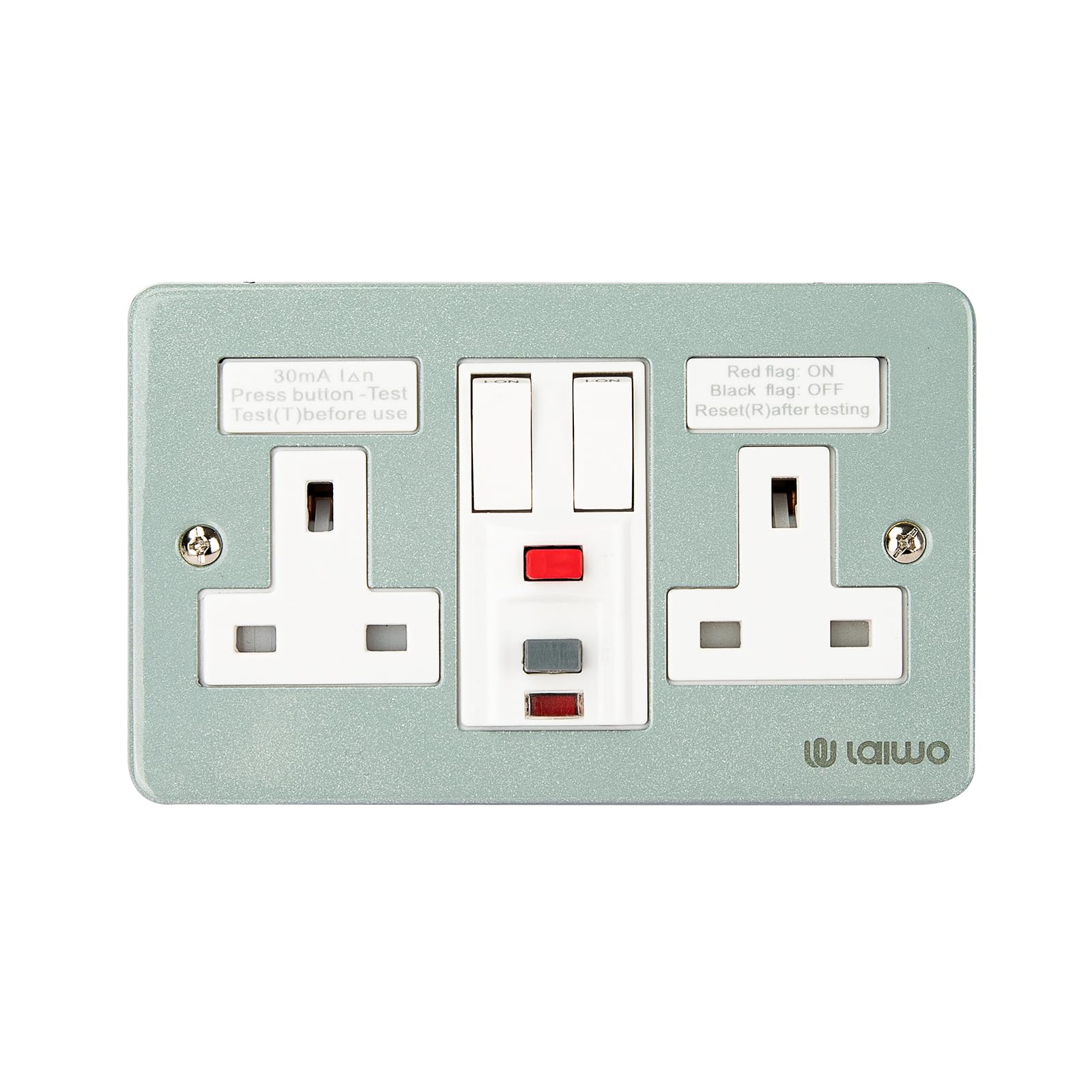 W LAIWO 2 Gang Switched RCD Socket 13A Metal Clad Double Outlet with 30mA RCD Protection, Surface Mount UK Socket for Workshop, Garage, Factory & Commercial Use, 230V