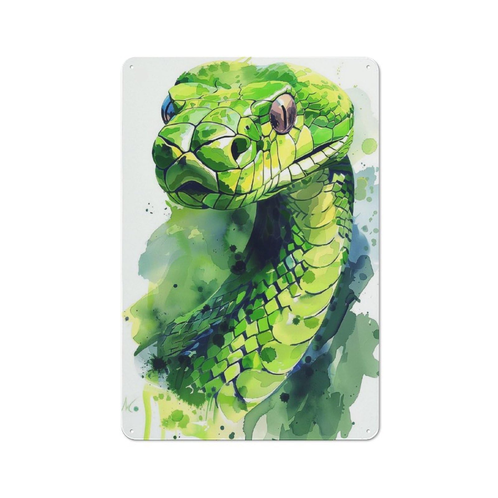Junmoney Green Snake Watercolor Retro Tin Sign 30X20cm For Lounge Or Reading Corner, For Home Wall Decor Collectors