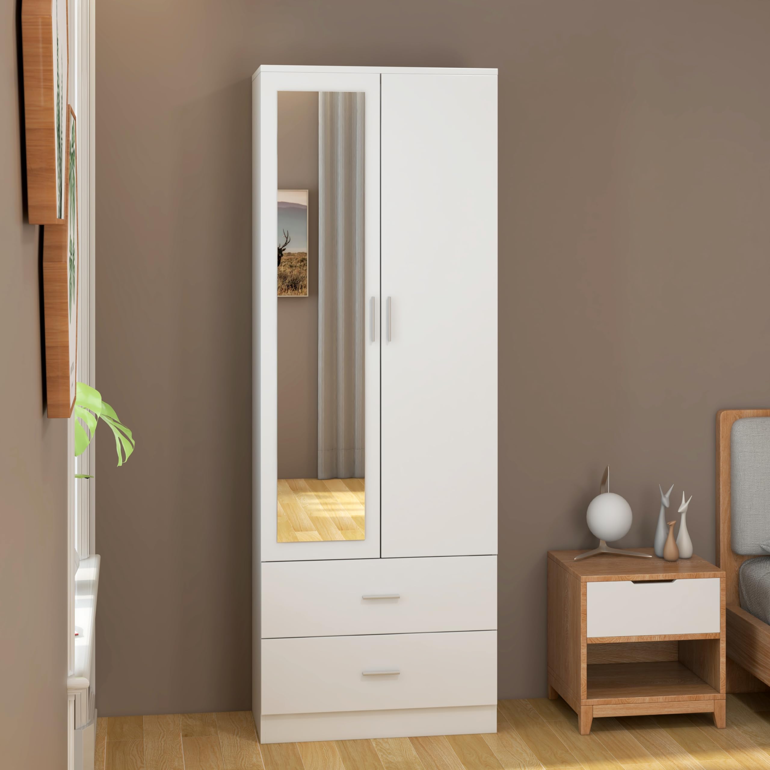 Panana Wooden 2 Door Mirrored Wardrobe with 2 Drawers and Hanging Rail Modern Clothes Storage Cupboards Unit for Bedroom Furniture W 77 x D 50 x H 180 cm (White)