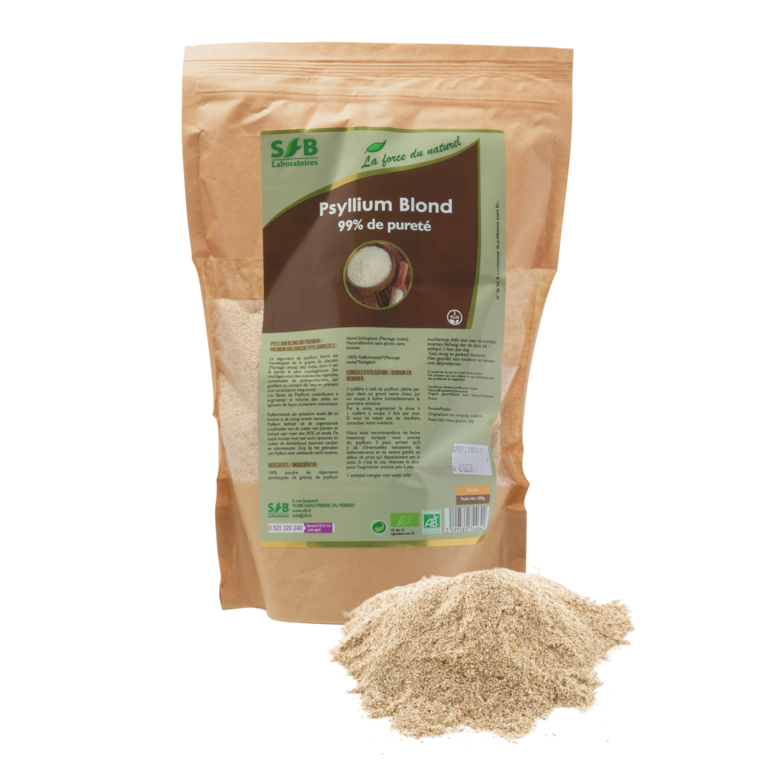 SFB Laboratoires Psyllium Blond Bio 500g – Fibres Naturelles pour une Digestion Saine et un Transit Régulier – Téguments Purs à 99% – Certifié Biologique, Adapté Régime Vegan et Sans Gluten