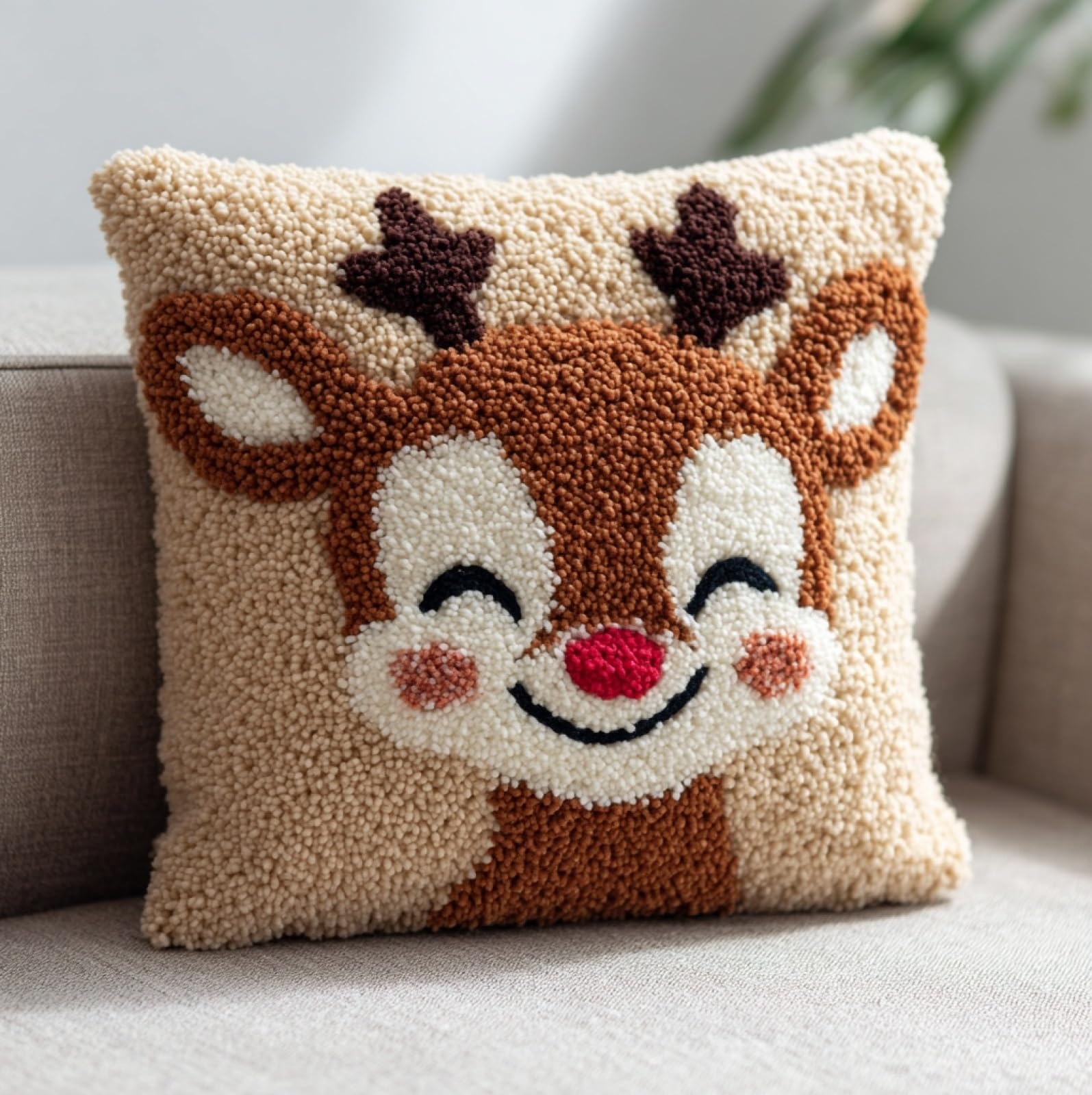 AxiangziK Latch Hook Cushion Kits 17x17inch,A Happy Little Deer Latch Hook Pillow Case Kits,DIY Needlework Pillow Cover Sofa Rug Making for Adults,Craft Home Decor