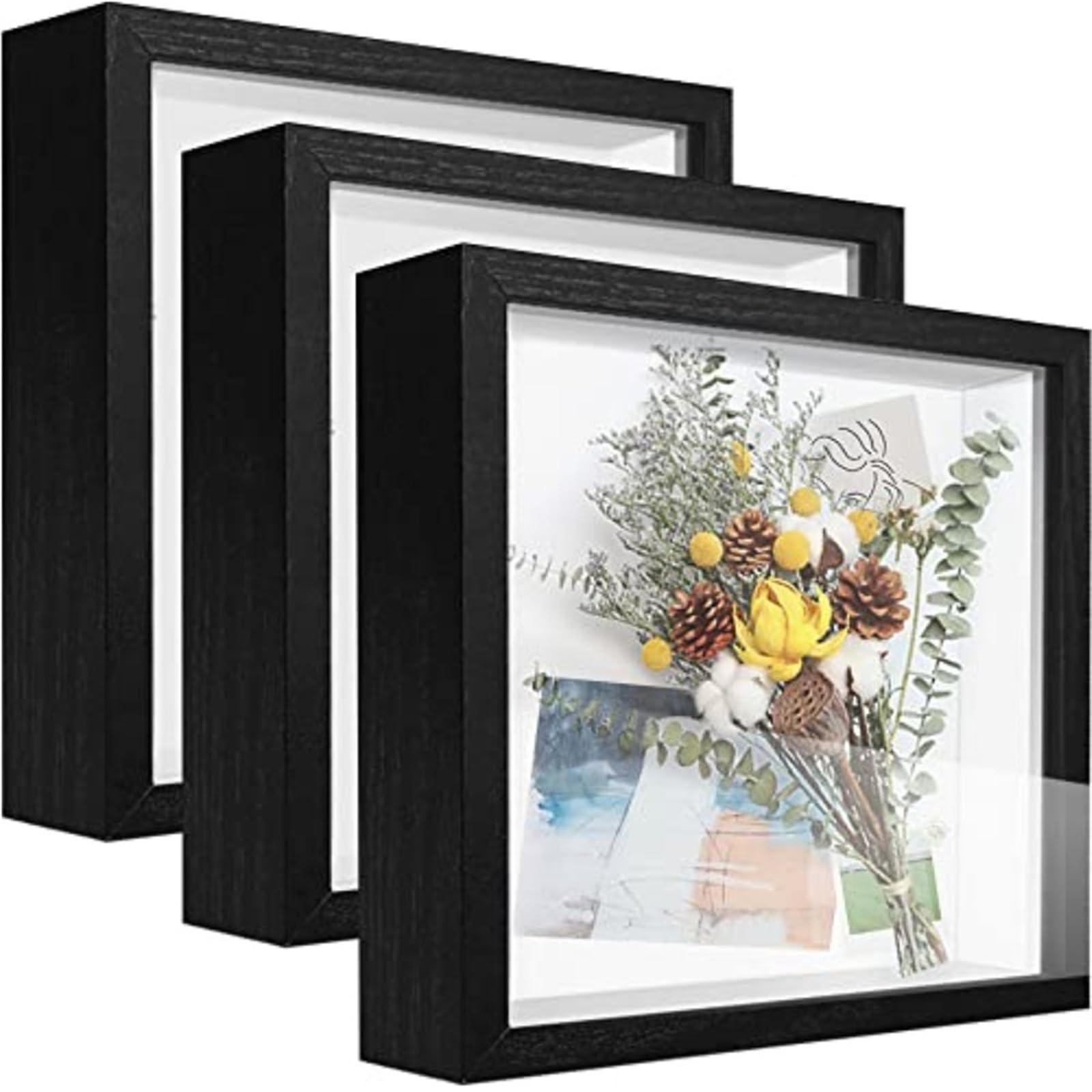 3PCS Shadow Box Frame Display Case With Letter Stickers 3D Picture For Memorabilia Baby Items Wedding Memorie for Tabletop and Wall(Black)