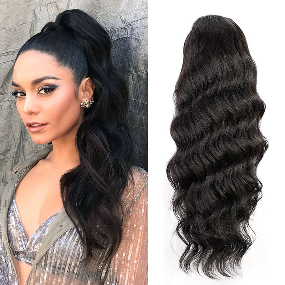 Kbeth 26'' Long Body Wave Human Hair Ponytail Extensions Yaki Afro Kinky Straight Curly Ponytail Wrap Drawstring Human Hair Natural Color Hairpiece
