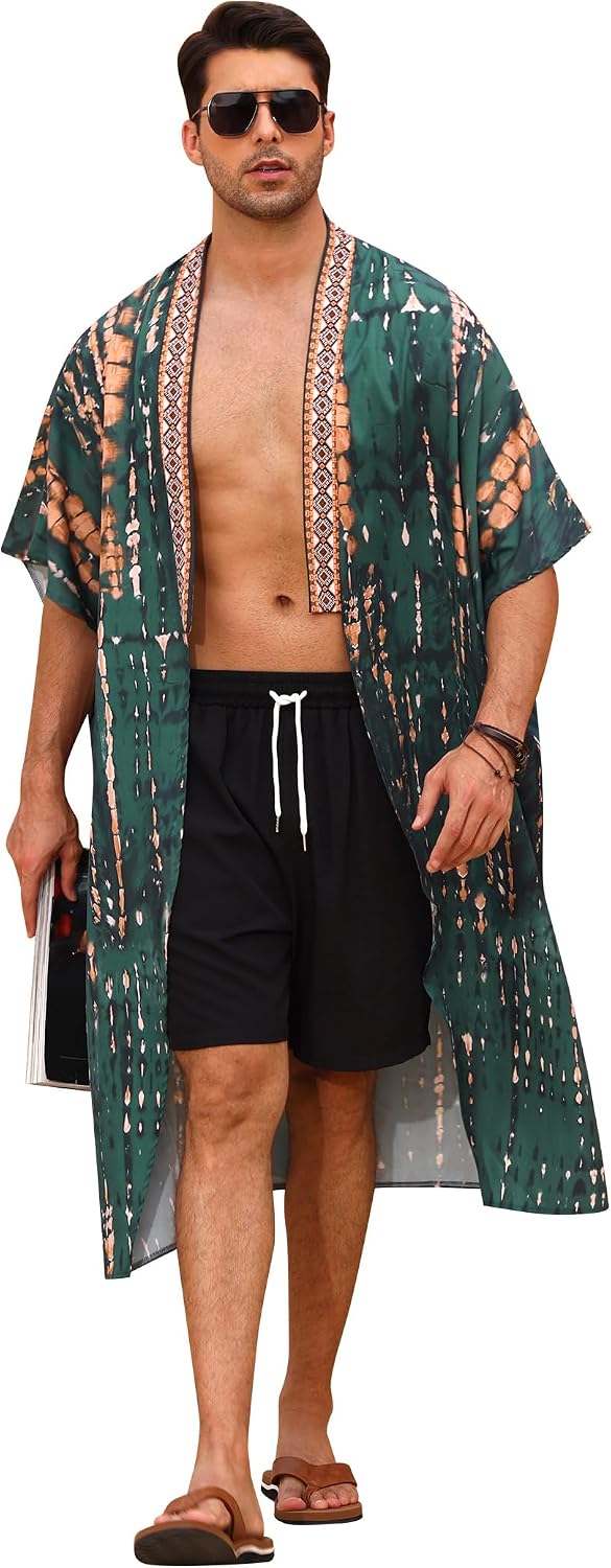 FYMNSI Mens Bathrobes Open Front Kimono Bath Robe Beach Cover Up Lightweight Floral Half Sleeve Casual Cardigan Nightgown