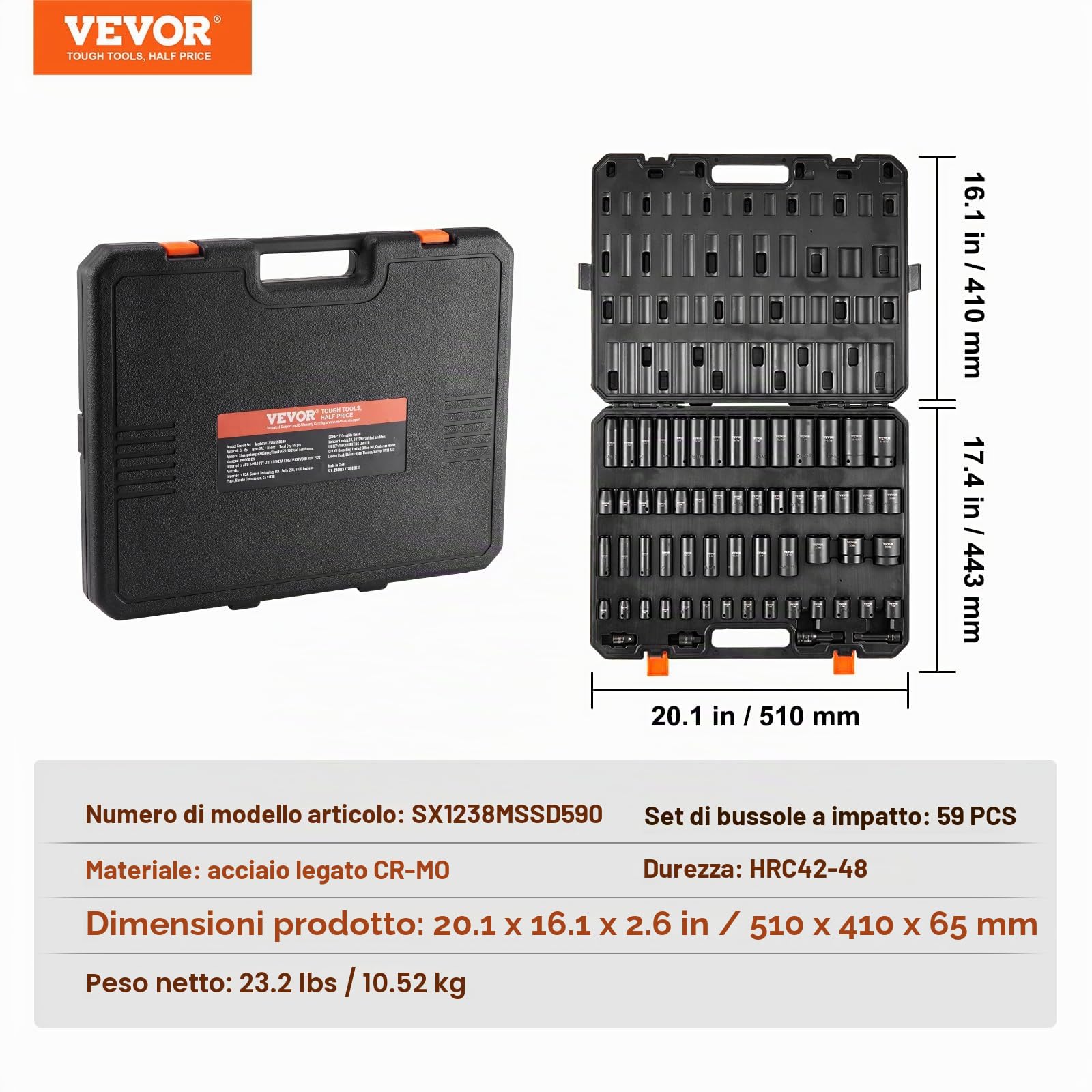 VEVOR Set di bussole per avvitatore a percussione da 3/8 e 1/2 pollici, Set di 59 bussole SAE da 5/16 a 1-1/4 pollici e metrico 6-32 mm, Acciaio legato Cr-Mo a 6 punti per riparazioni auto officina