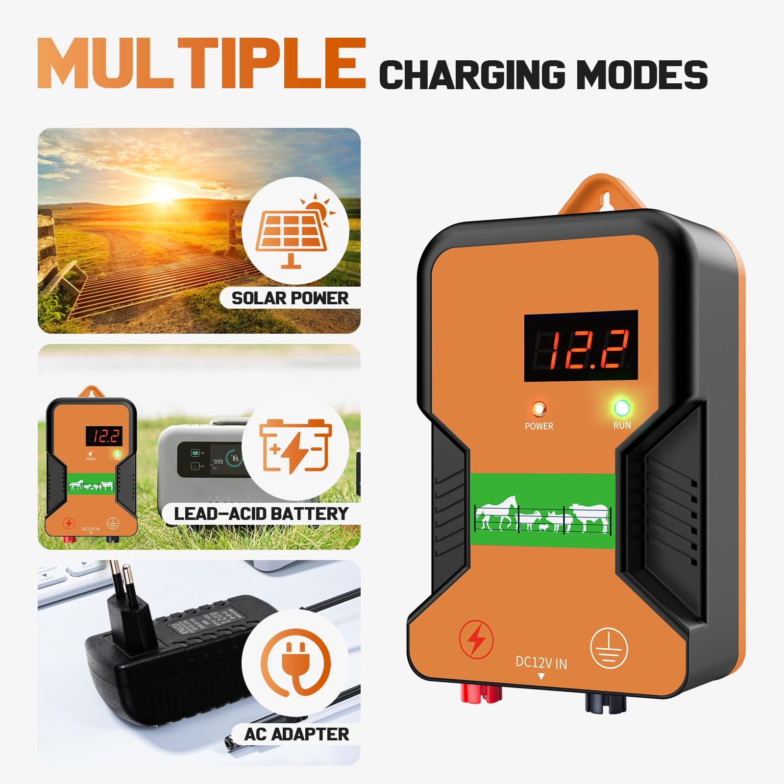 15KM Elettrificatore Per Recinto Elettrico, Recinzione Elettrica per Animali, Per Animali, Allevamento Di Pollame, Pastore, Strumento Per Recinzione Impermeabile (Arancione)