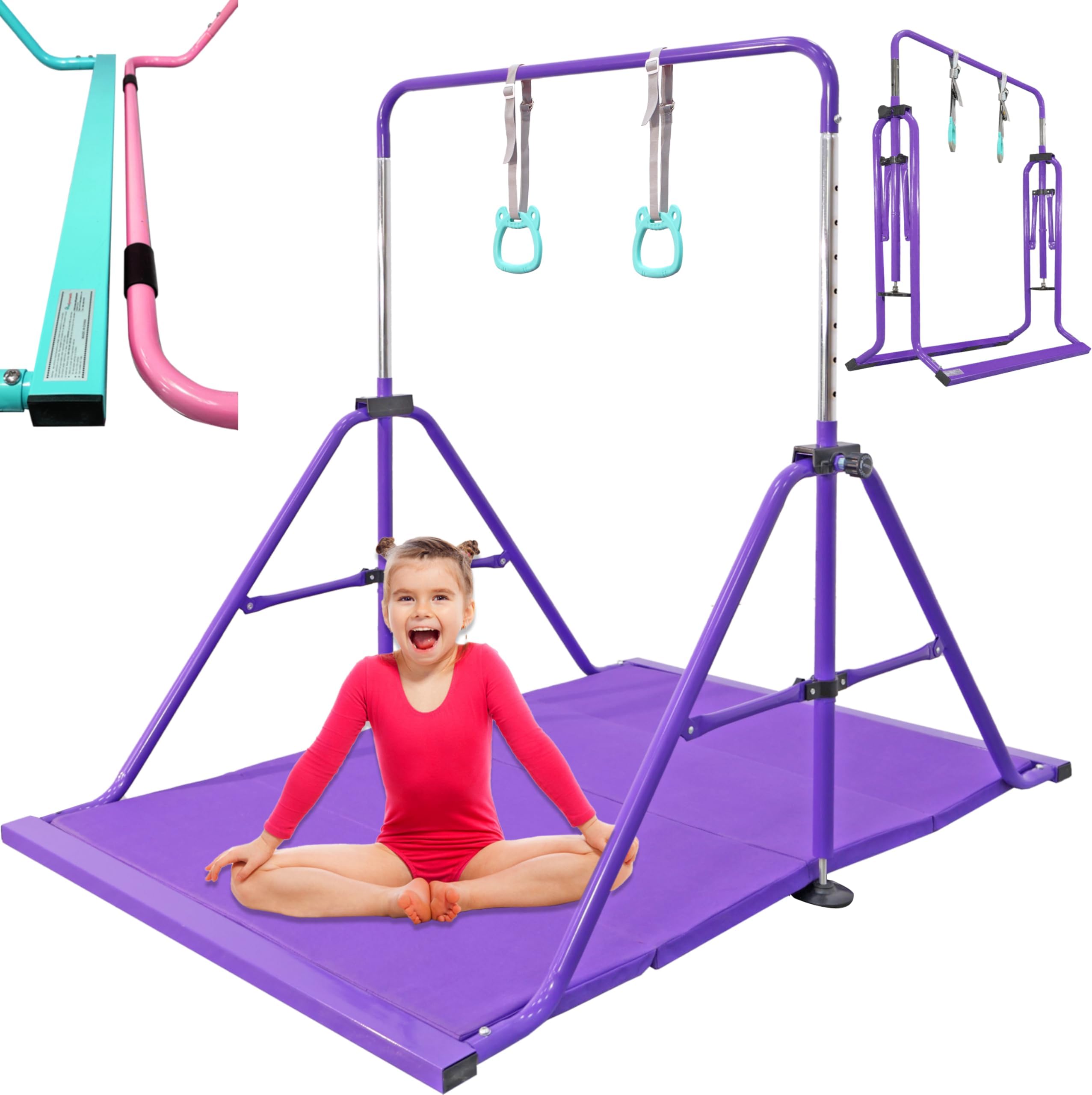 Updated Folding Gymnastics Bar with Rings, Foldable Kip Bar with Sturdier Base, Gymnasitc Training Bar for Kids Ages 3-10, Gymnastic Horizontal Bars, Home Gym Equipment for Boys Girls